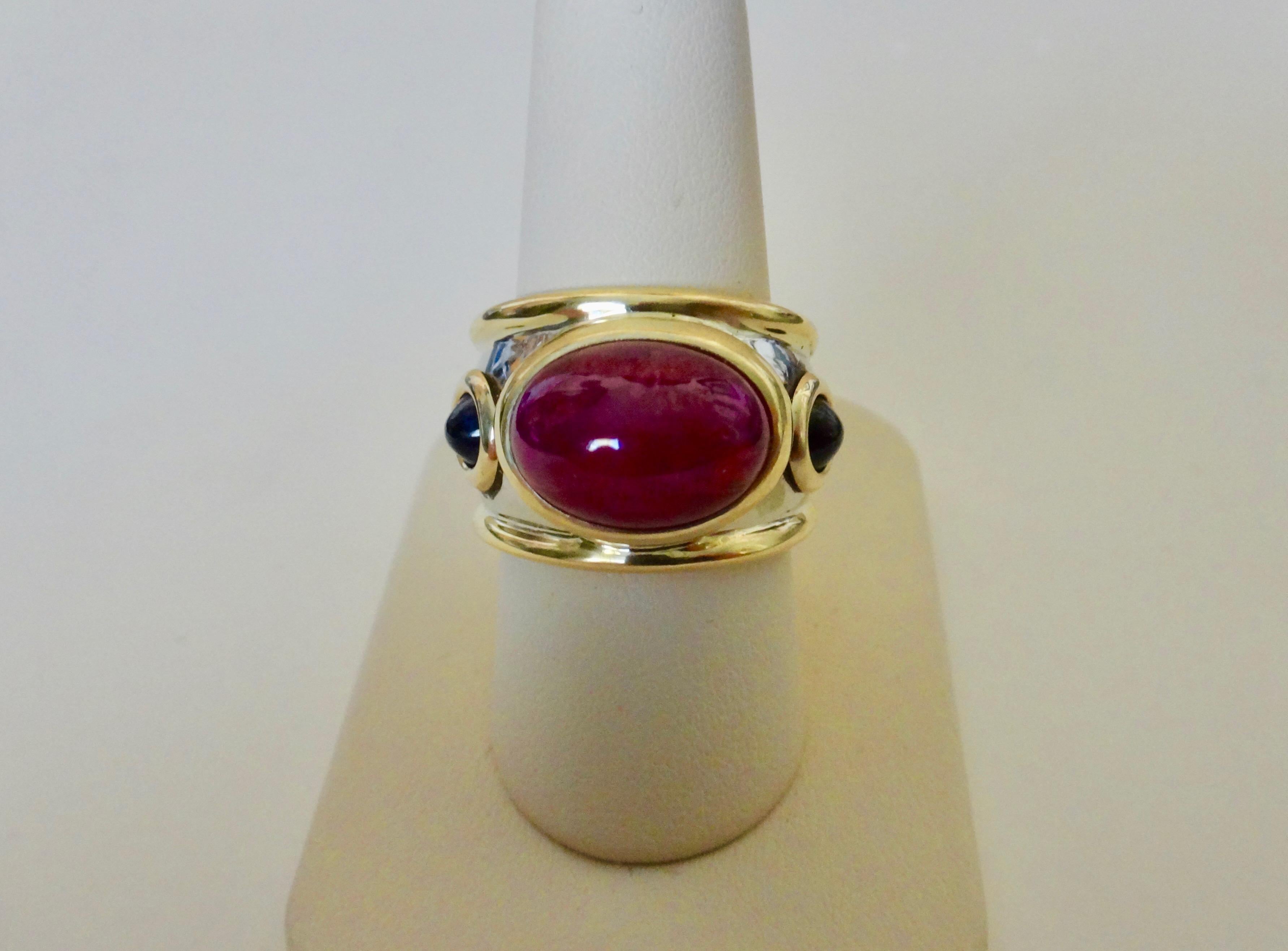 Michael Kneebone Cabochon Ruby Blue Sapphire Two-Tone Bombe Ring 5