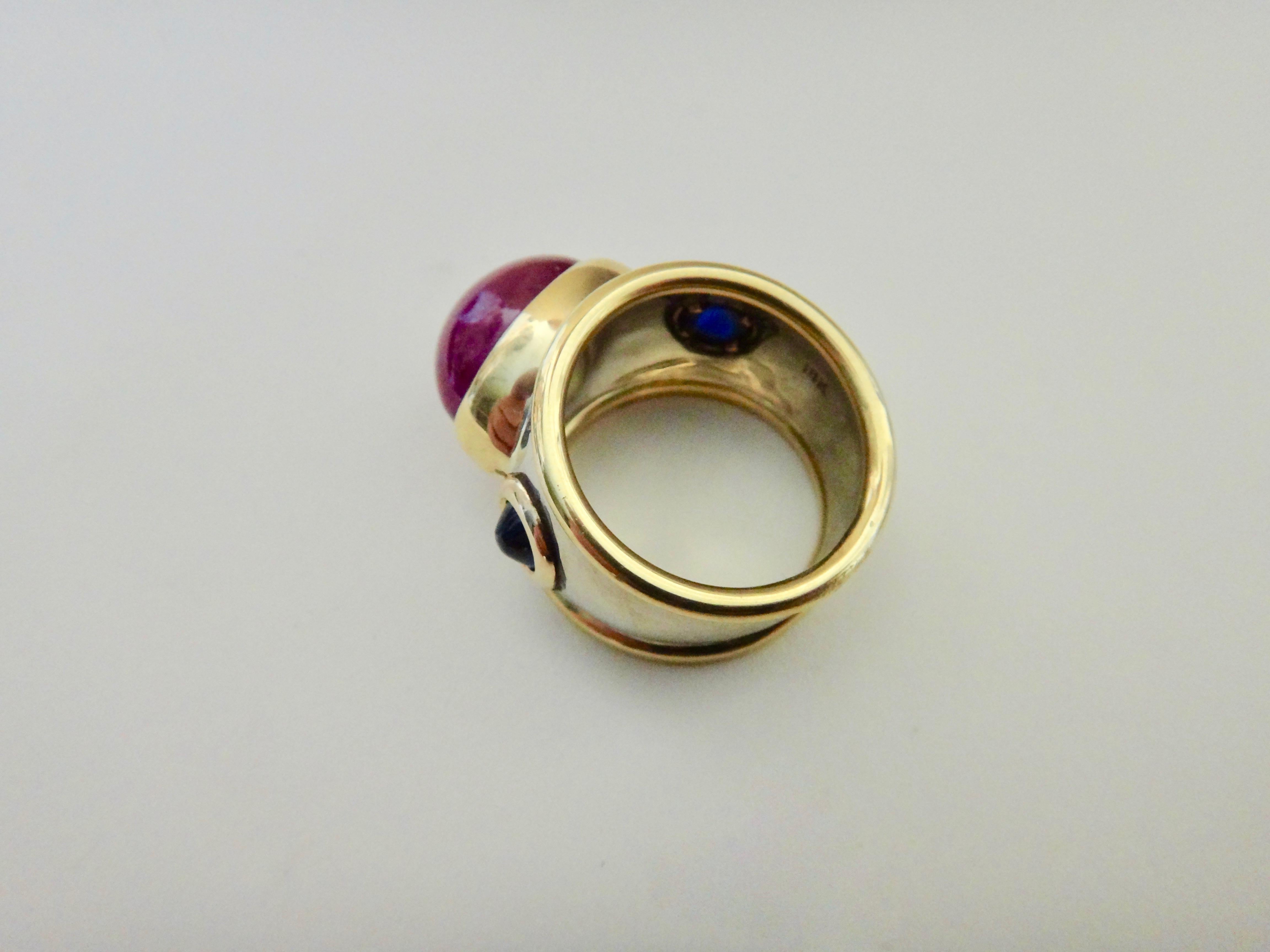 Michael Kneebone Cabochon Ruby Blue Sapphire Two-Tone Bombe Ring 6