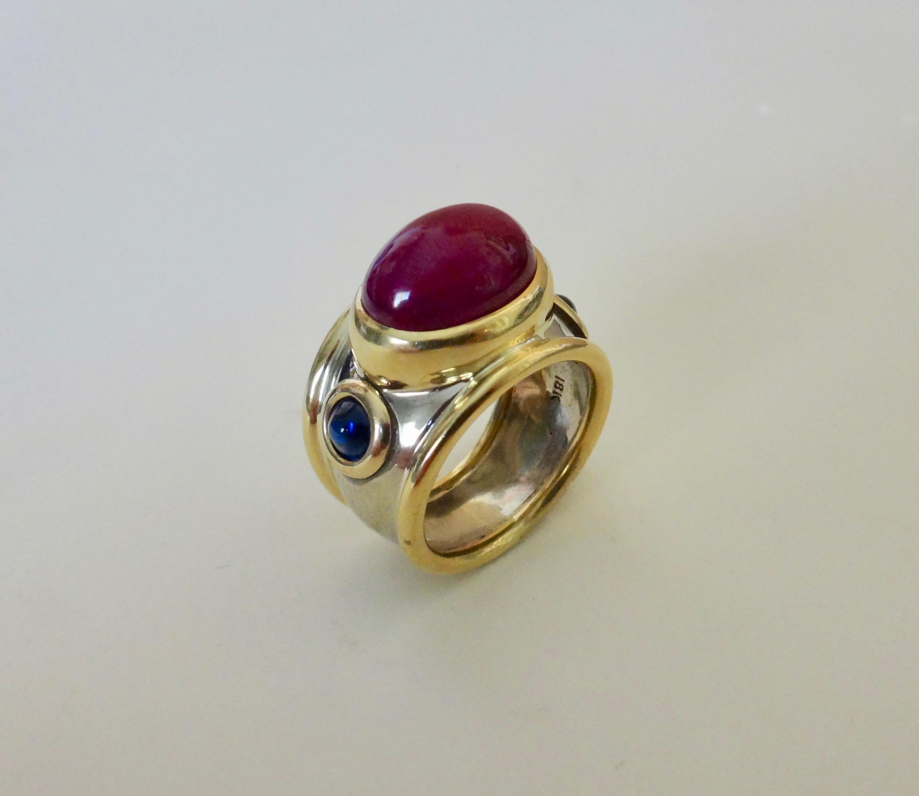 Contemporary Michael Kneebone Cabochon Ruby Blue Sapphire Two-Tone Bombe Ring