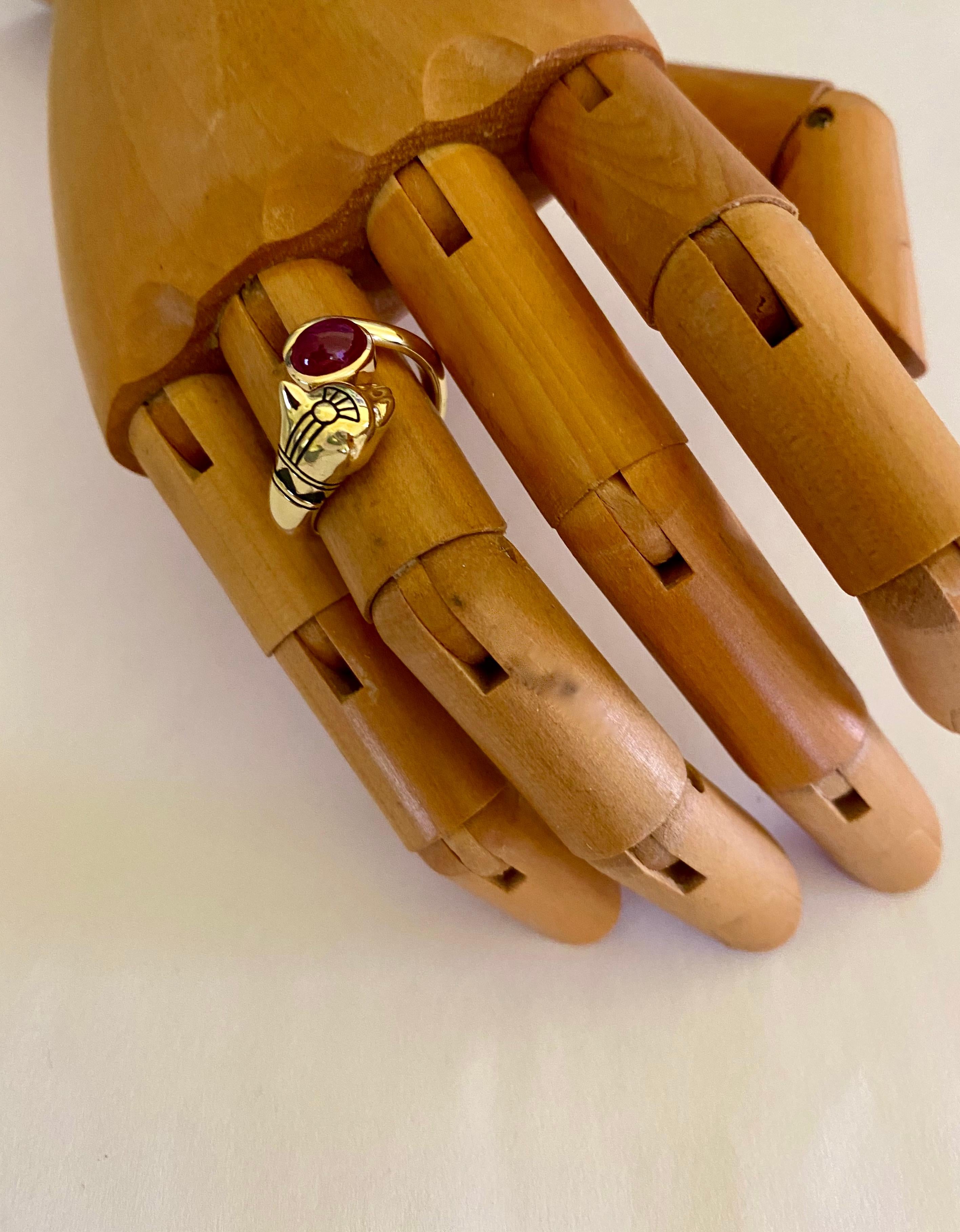 Michael Kneebone Cabochon Ruby Diamond Egyptian Revival Cat Ring In New Condition In Austin, TX
