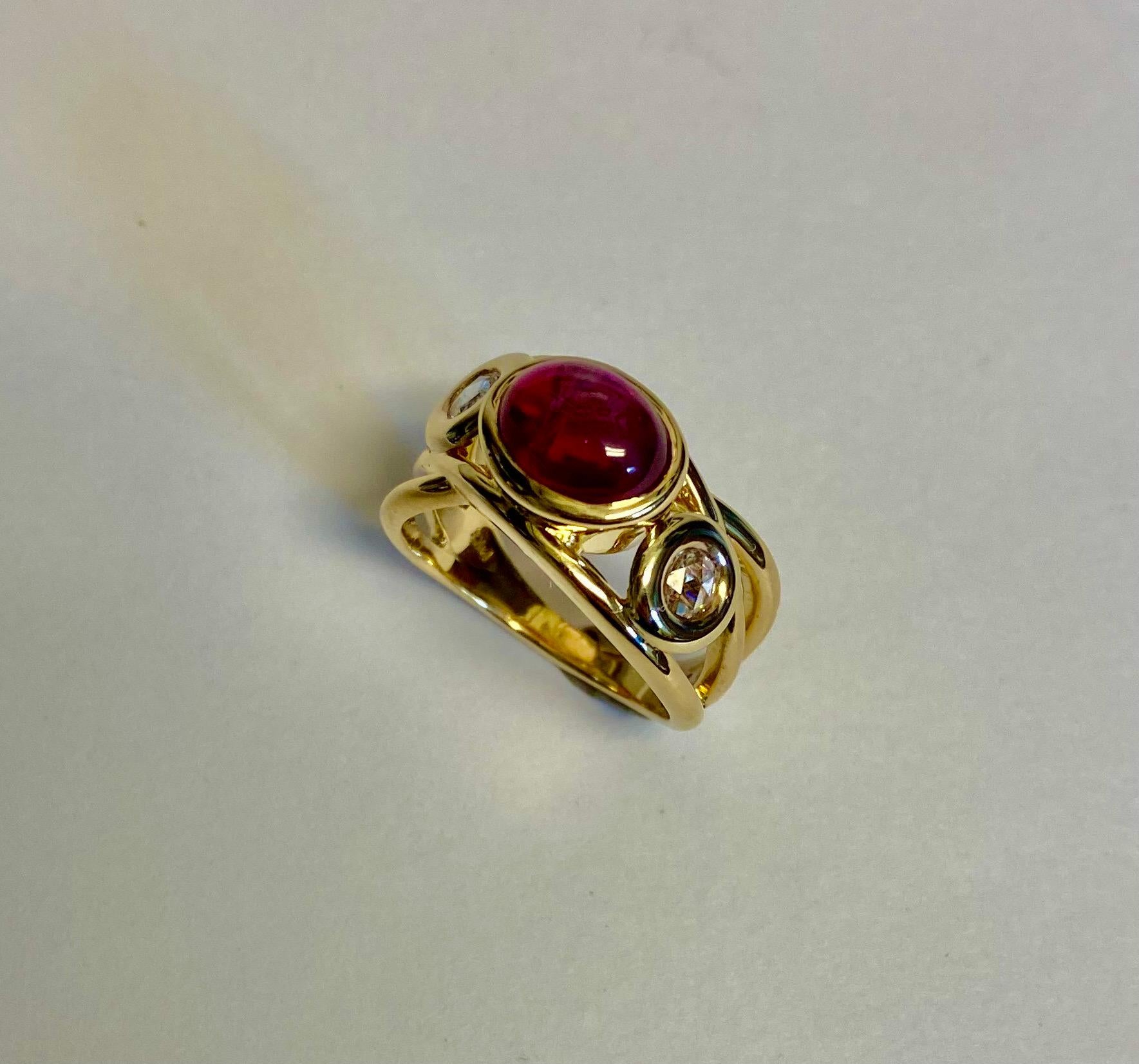 Michael Kneebone Cabochon Ruby Rose Cut Diamond Open Band Ring For Sale 5