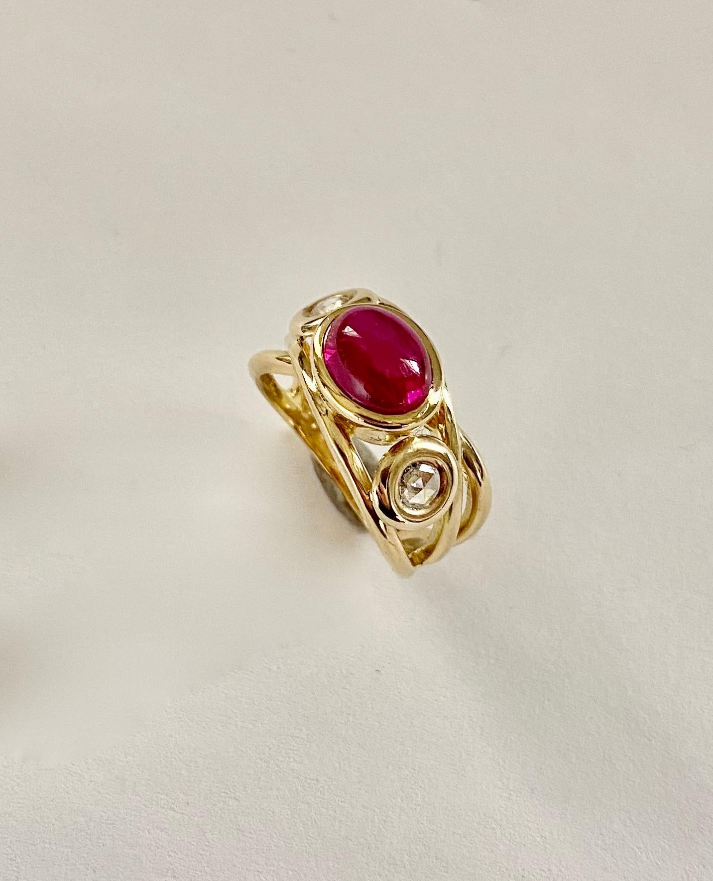 Contemporary Michael Kneebone Cabochon Ruby Rose Cut Diamond Open Band Ring For Sale