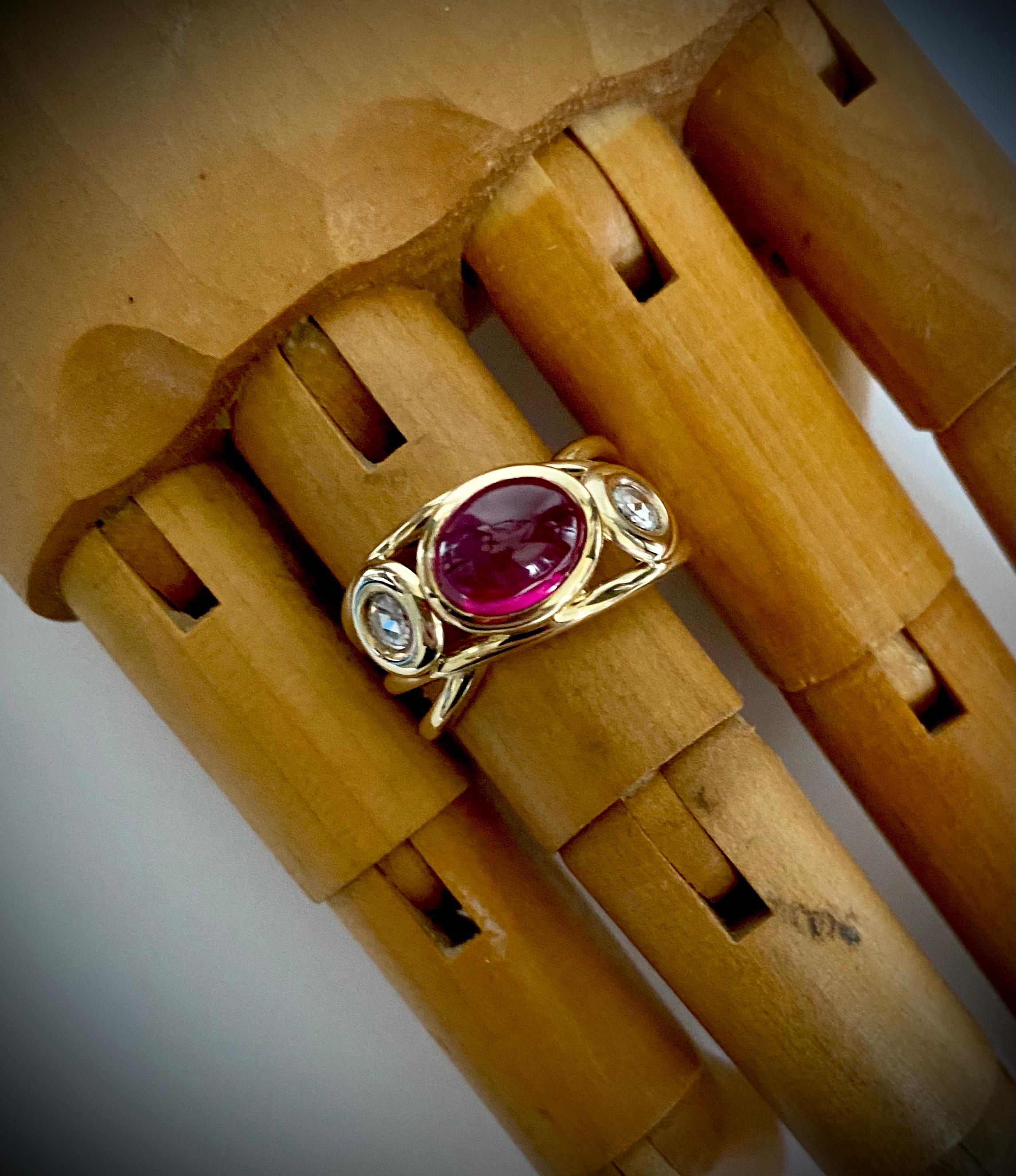 Mixed Cut Michael Kneebone Cabochon Ruby Rose Cut Diamond Open Band Ring For Sale