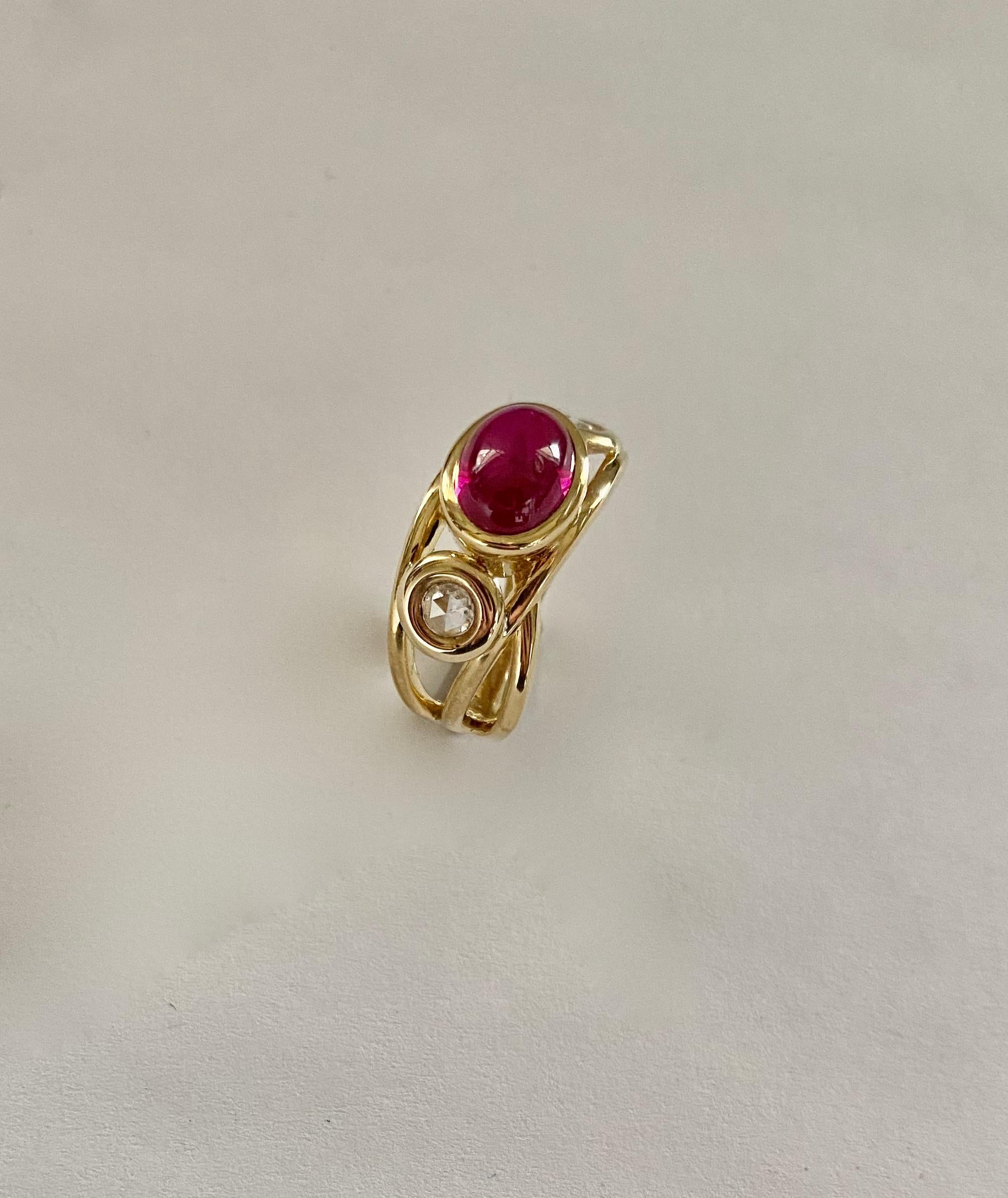 Michael Kneebone Cabochon Ruby Rose Cut Diamond Open Band Ring In New Condition For Sale In Austin, TX