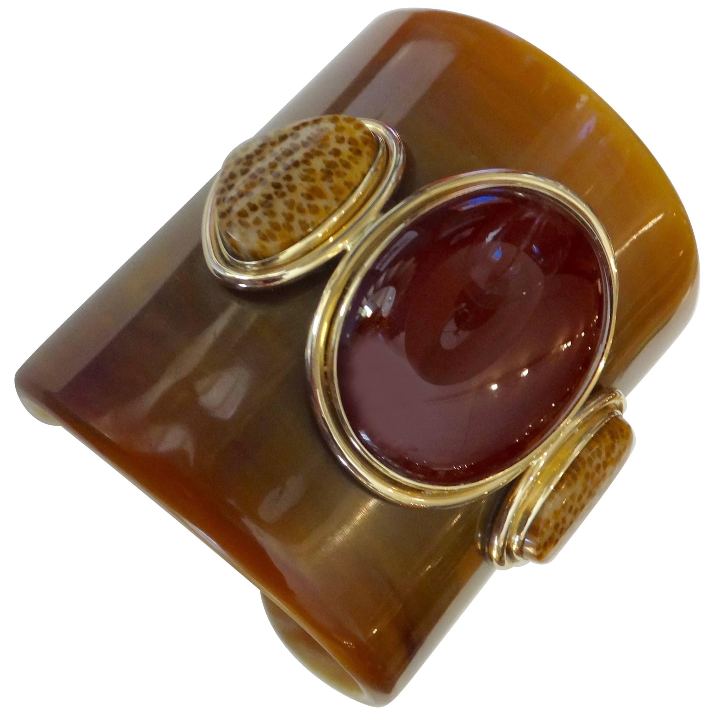 Michael Kneebone Carnelian Petrified Palm Wood Ankole Horn Cuff Bracelet