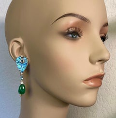 Michael Kneebone Carved Abalone Shell Diamond Aquamarine Emerald Dangle Earrings
