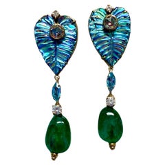 Michael Kneebone Carved Abalone Shell Diamond Aquamarine Emerald Dangle Earrings