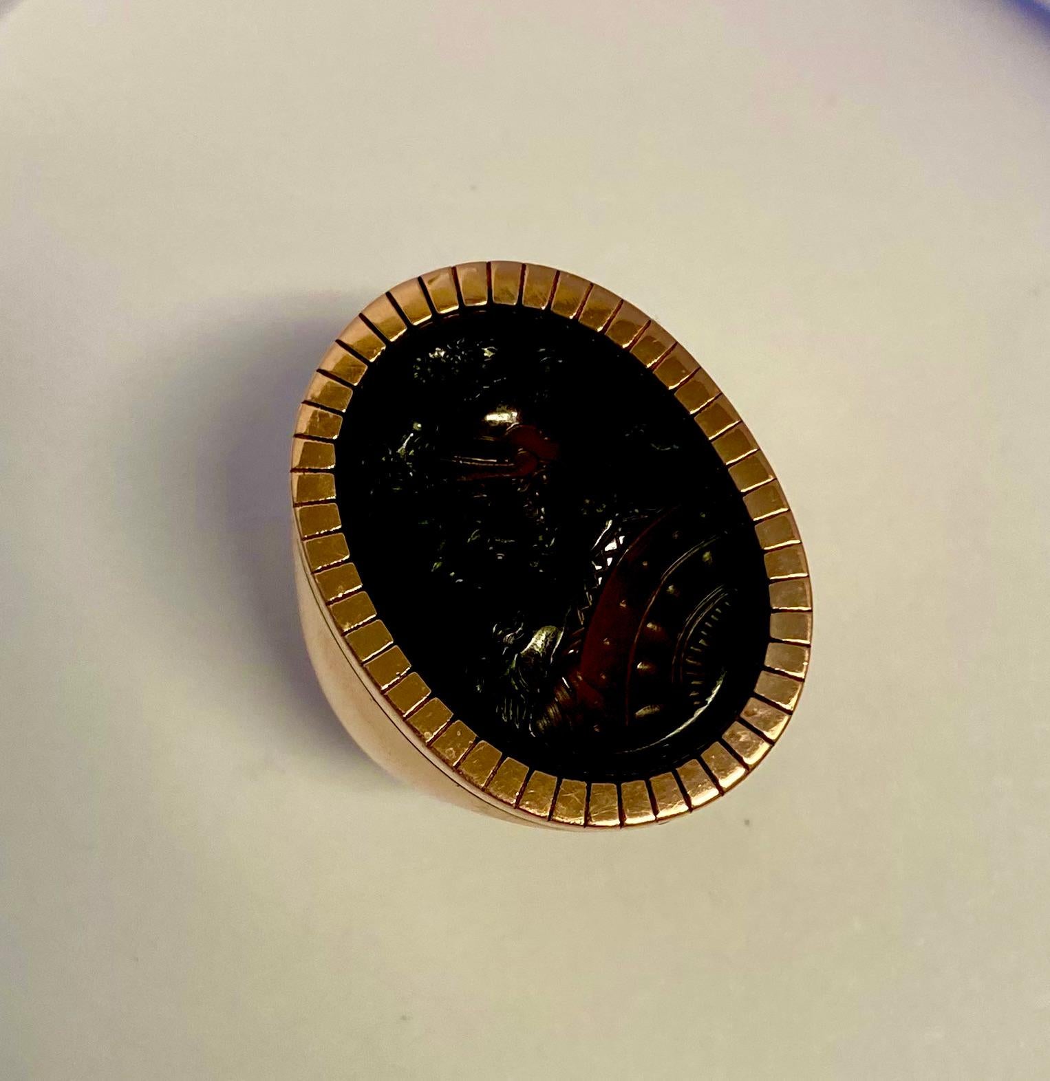 Oval Cut Michael Kneebone Carved Agate Intaglio Rose Gold Gypsy Ring For Sale