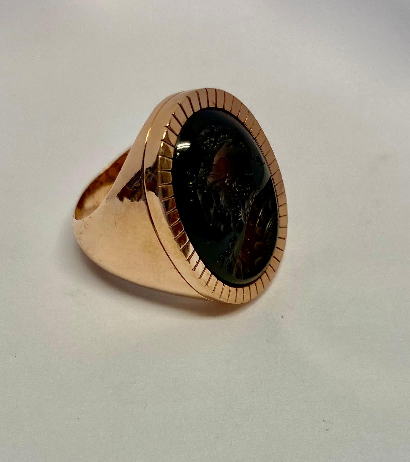Women's or Men's Michael Kneebone Carved Agate Intaglio Rose Gold Gypsy Ring For Sale