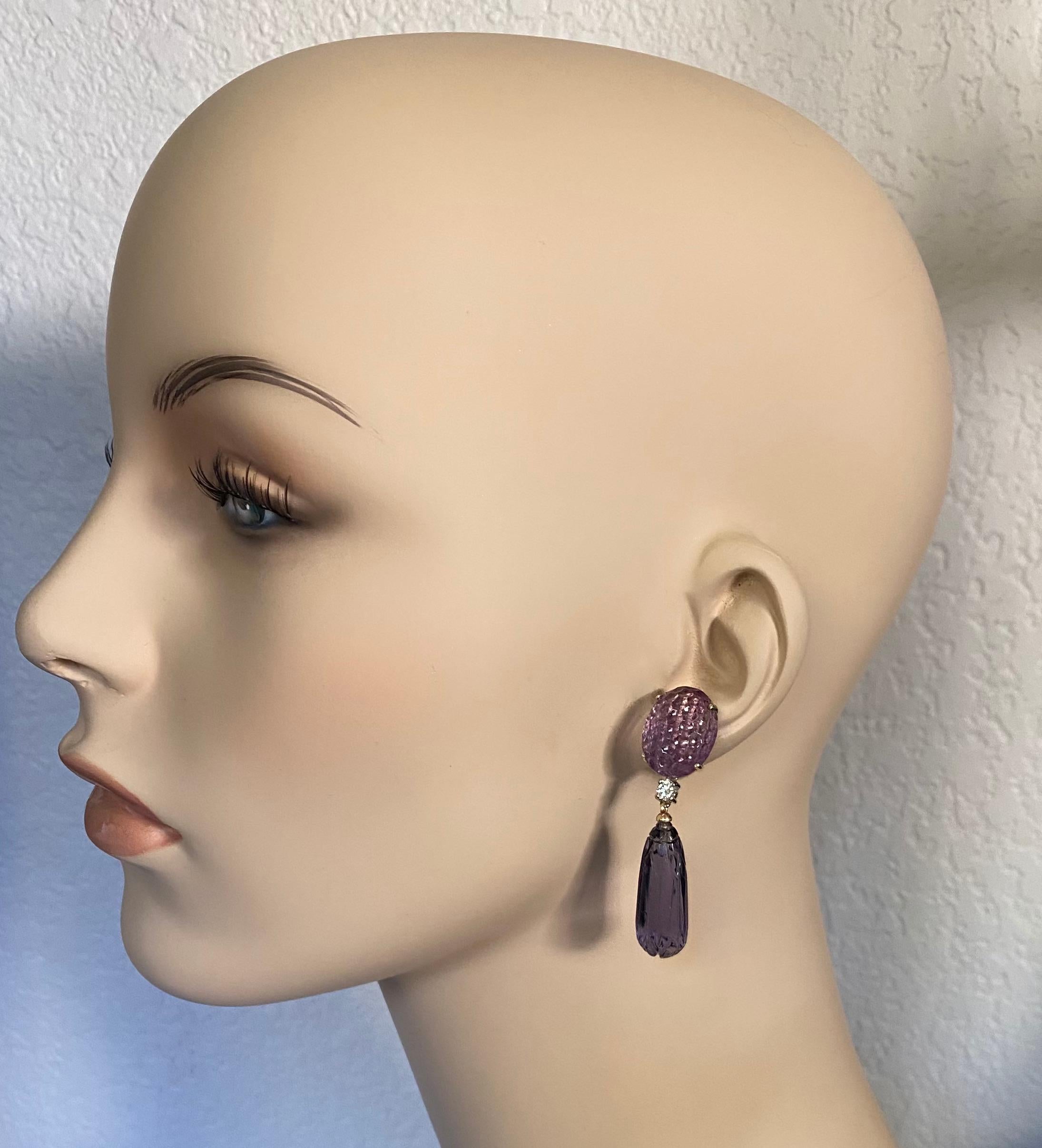 Michael Kneebone Carved Amethyst Carved Kyanite Diamond Dangle Earrings For Sale 4