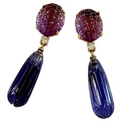 Michael Kneebone Carved Amethyst Carved Kyanite Diamond Dangle Earrings