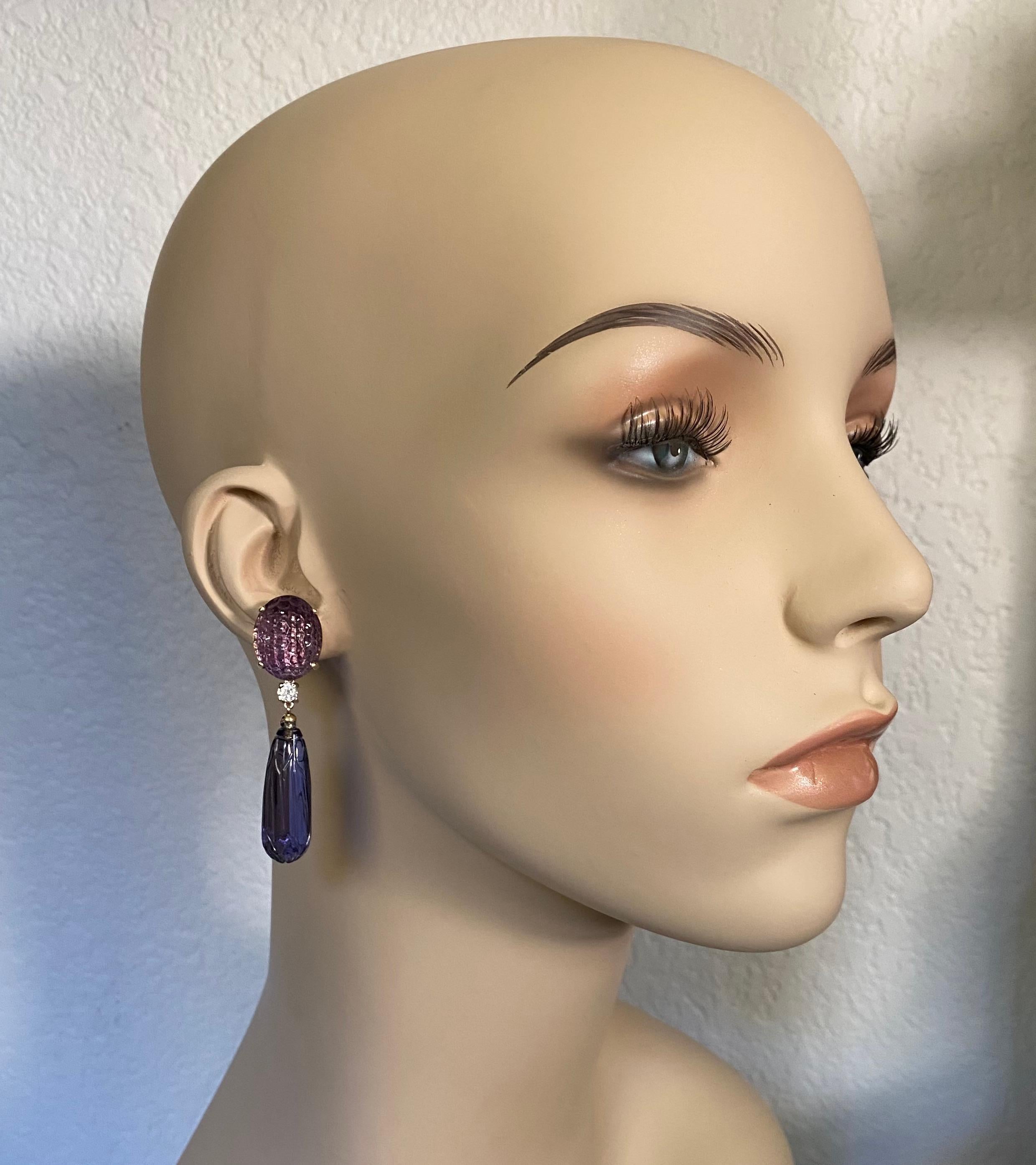 Contemporary Michael Kneebone Carved Amethyst Carved Kyanite Diamond Dangle Earrings For Sale