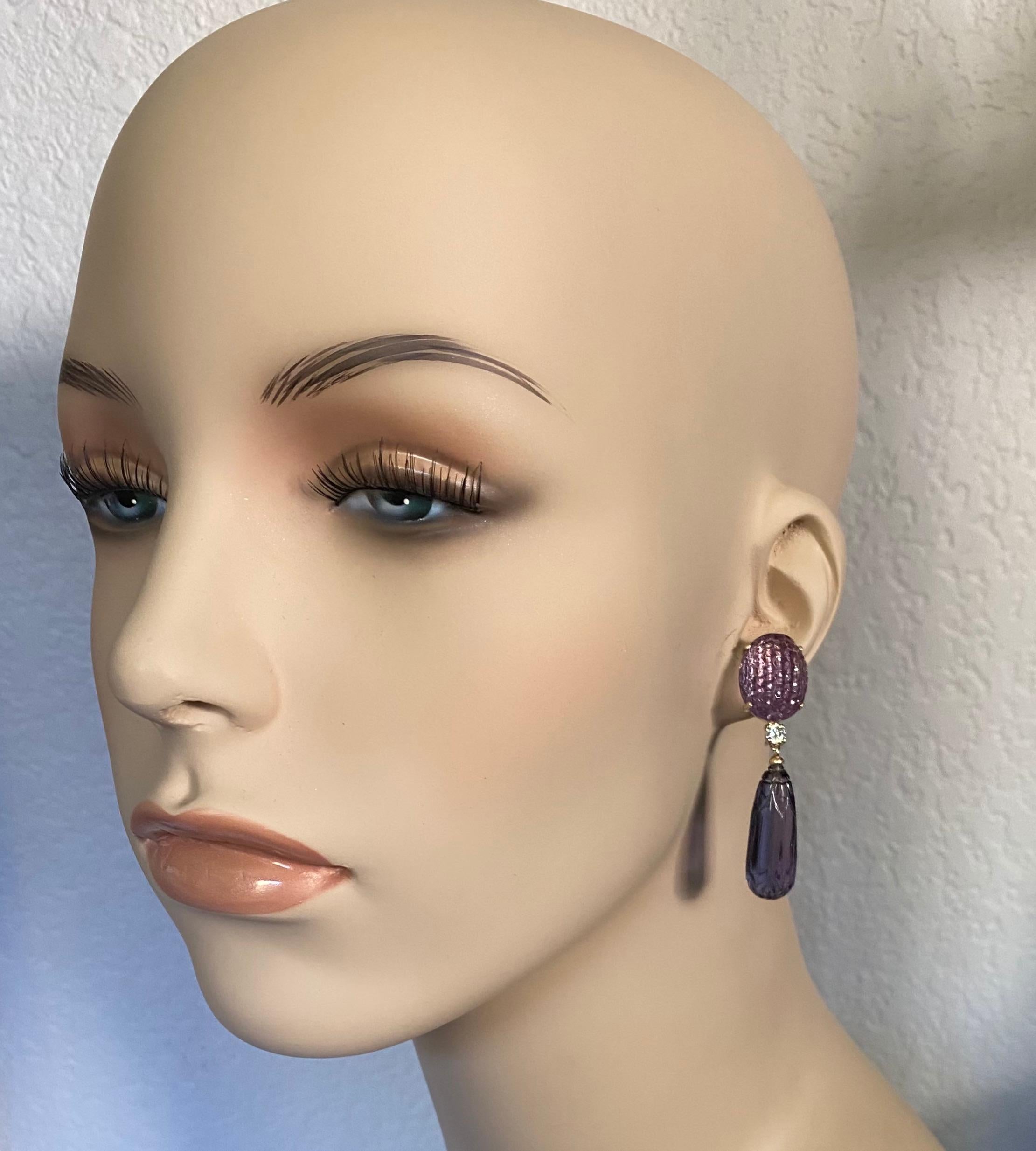 Michael Kneebone Carved Amethyst Carved Kyanite Diamond Dangle Earrings In New Condition For Sale In Austin, TX