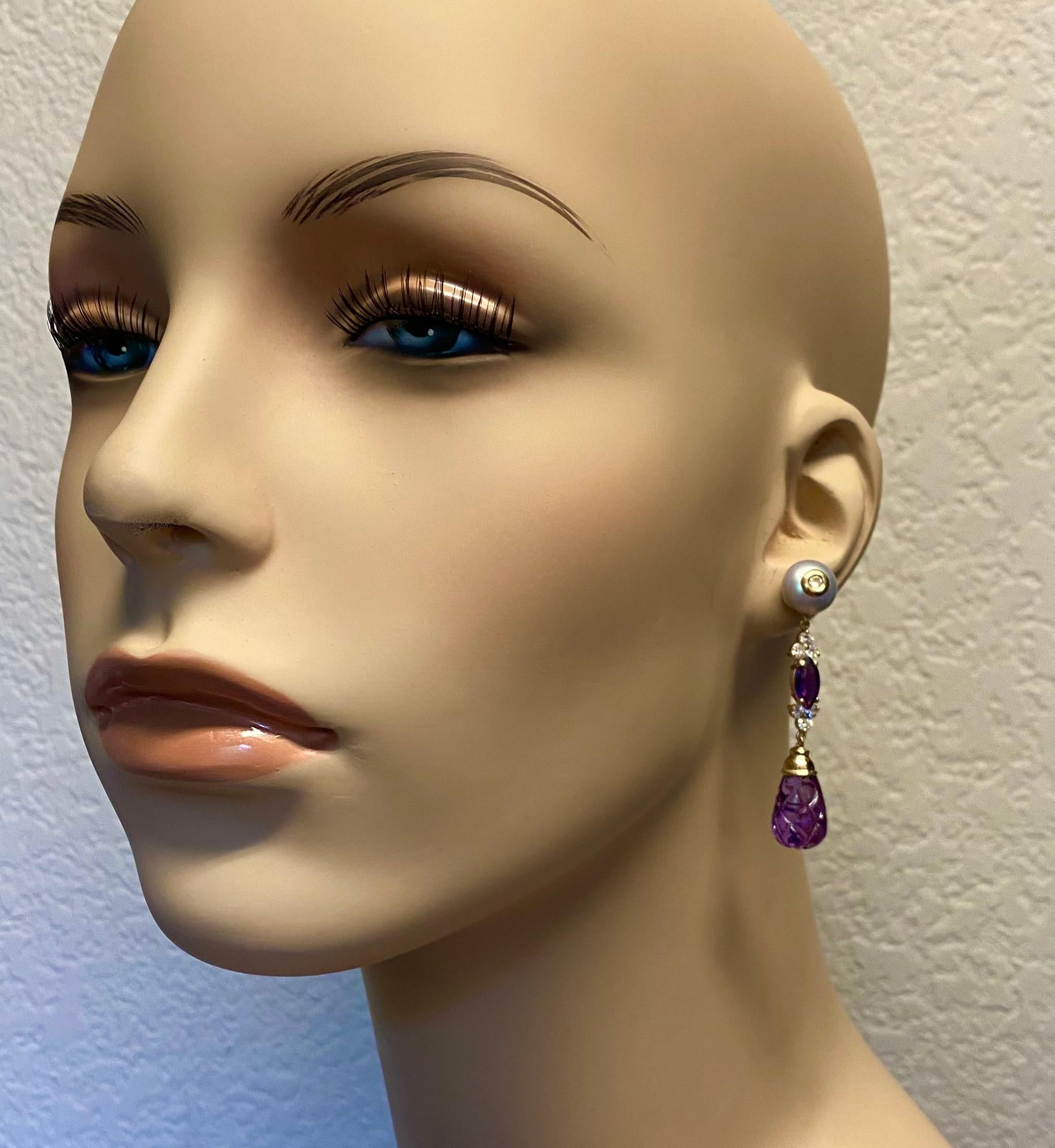Contemporary Michael Kneebone Carved Amethyst Diamond Grey Pearl Dangle Earrings For Sale