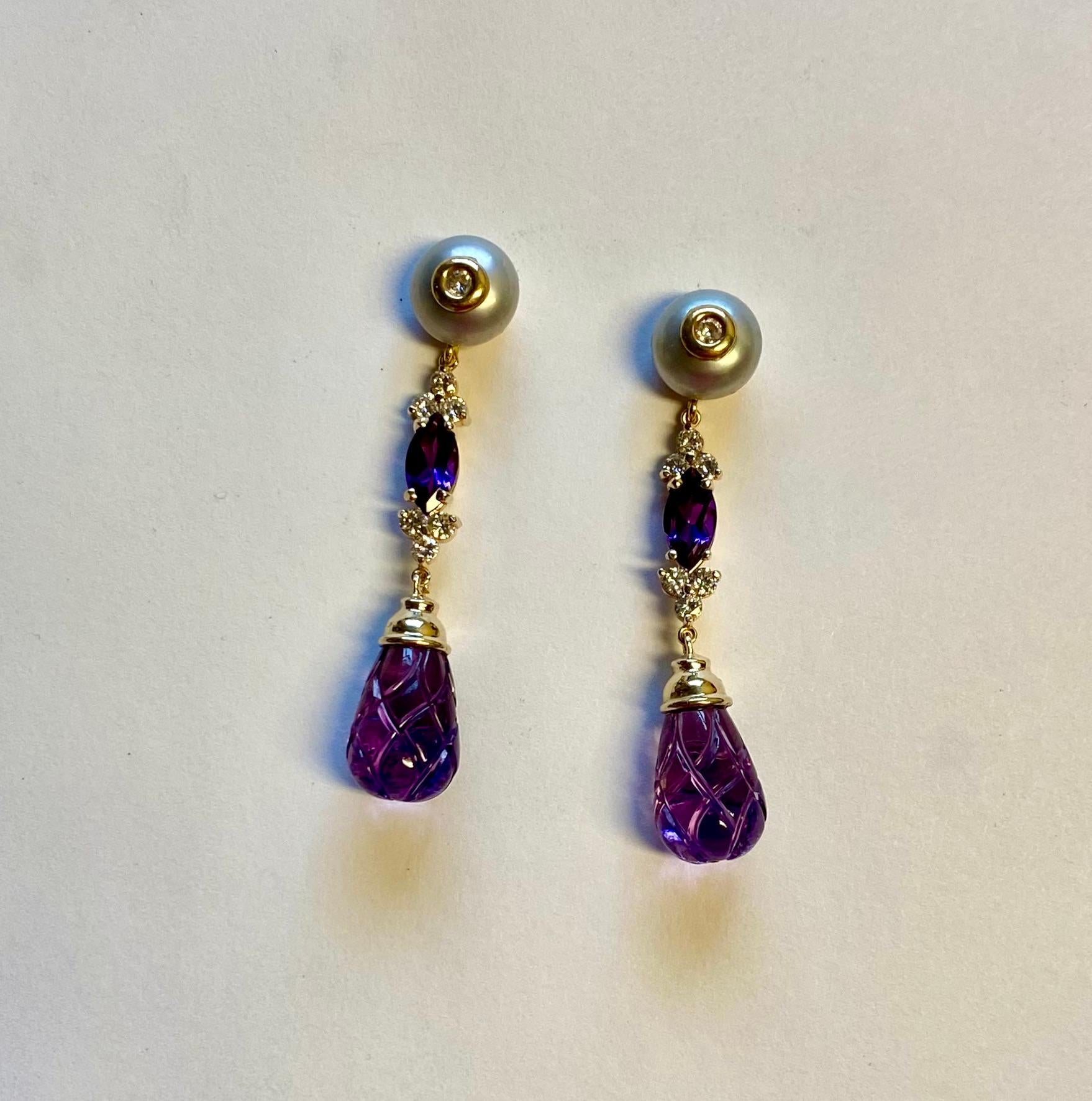 Mixed Cut Michael Kneebone Carved Amethyst Diamond Grey Pearl Dangle Earrings For Sale