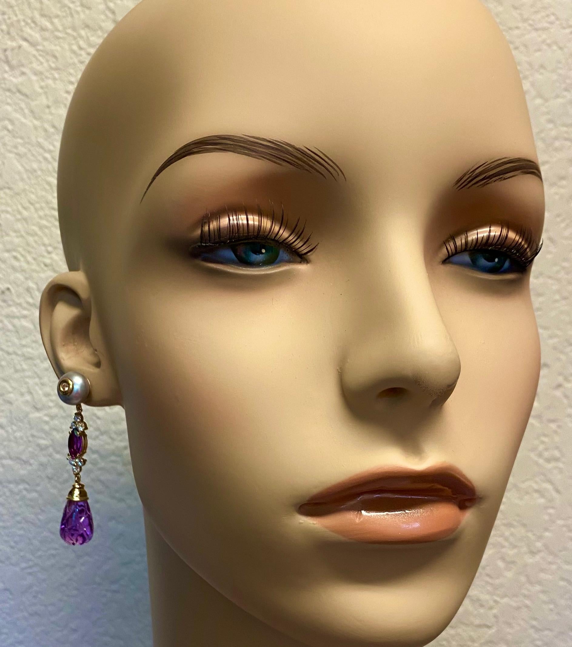 Women's Michael Kneebone Carved Amethyst Diamond Grey Pearl Dangle Earrings For Sale
