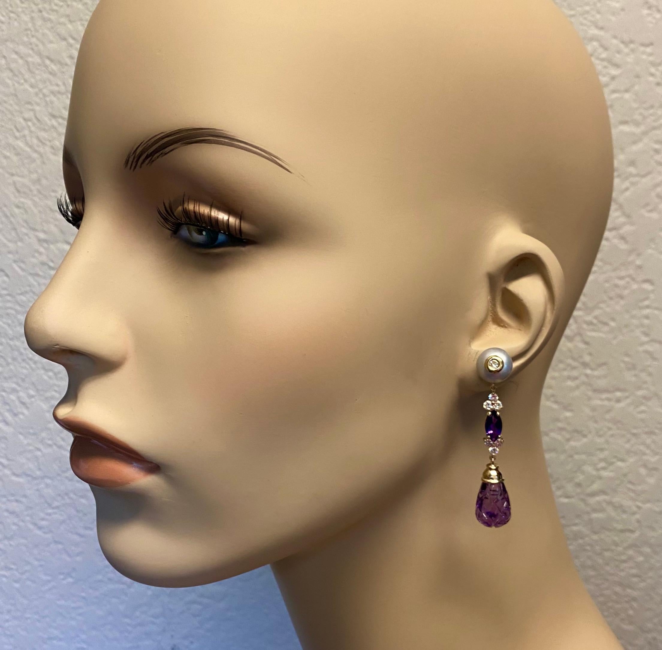 Michael Kneebone Carved Amethyst Diamond Grey Pearl Dangle Earrings For Sale 2