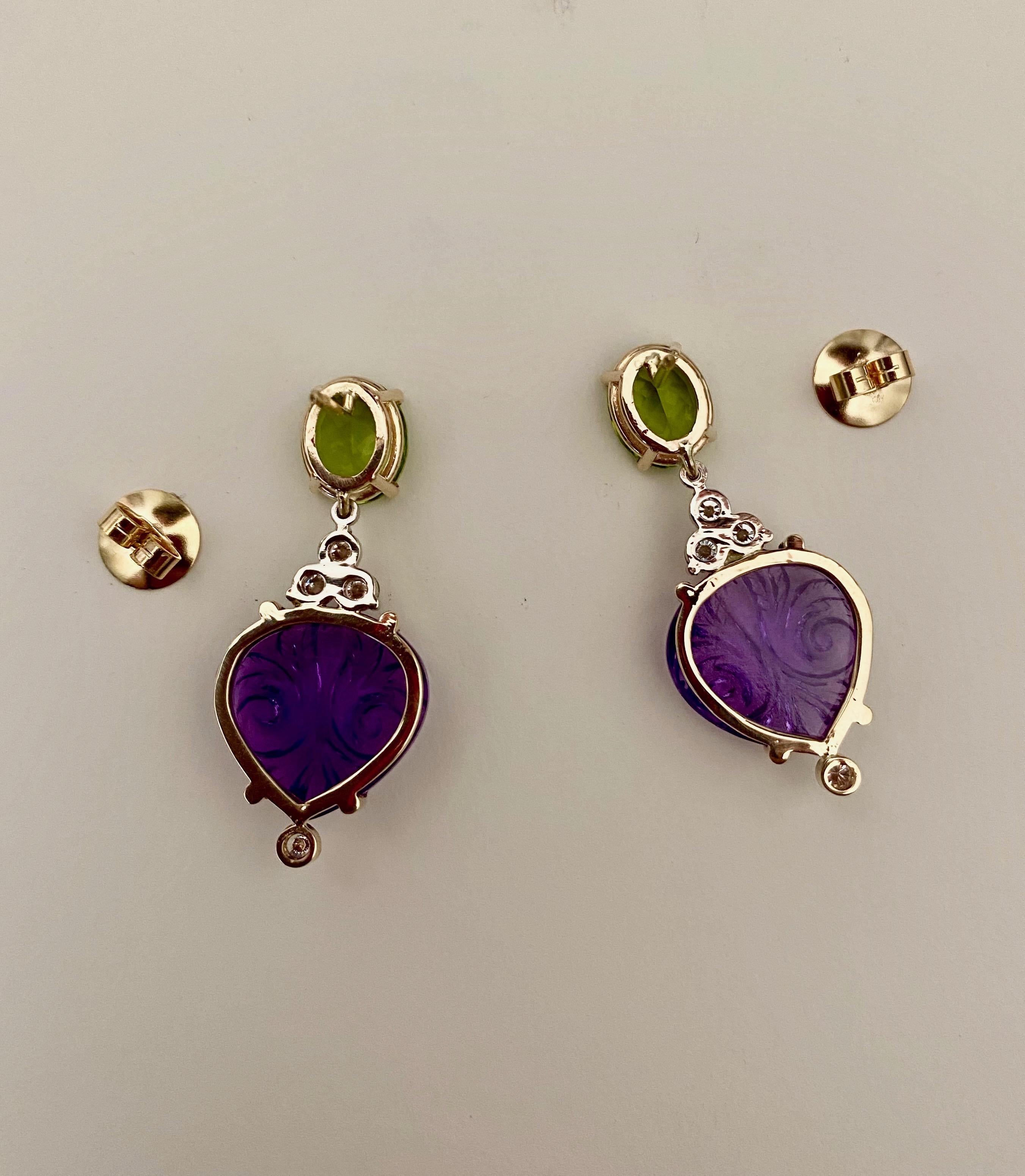 Michael Kneebone Carved Amethyst Peridot Diamond Dangle Earrings For Sale 1