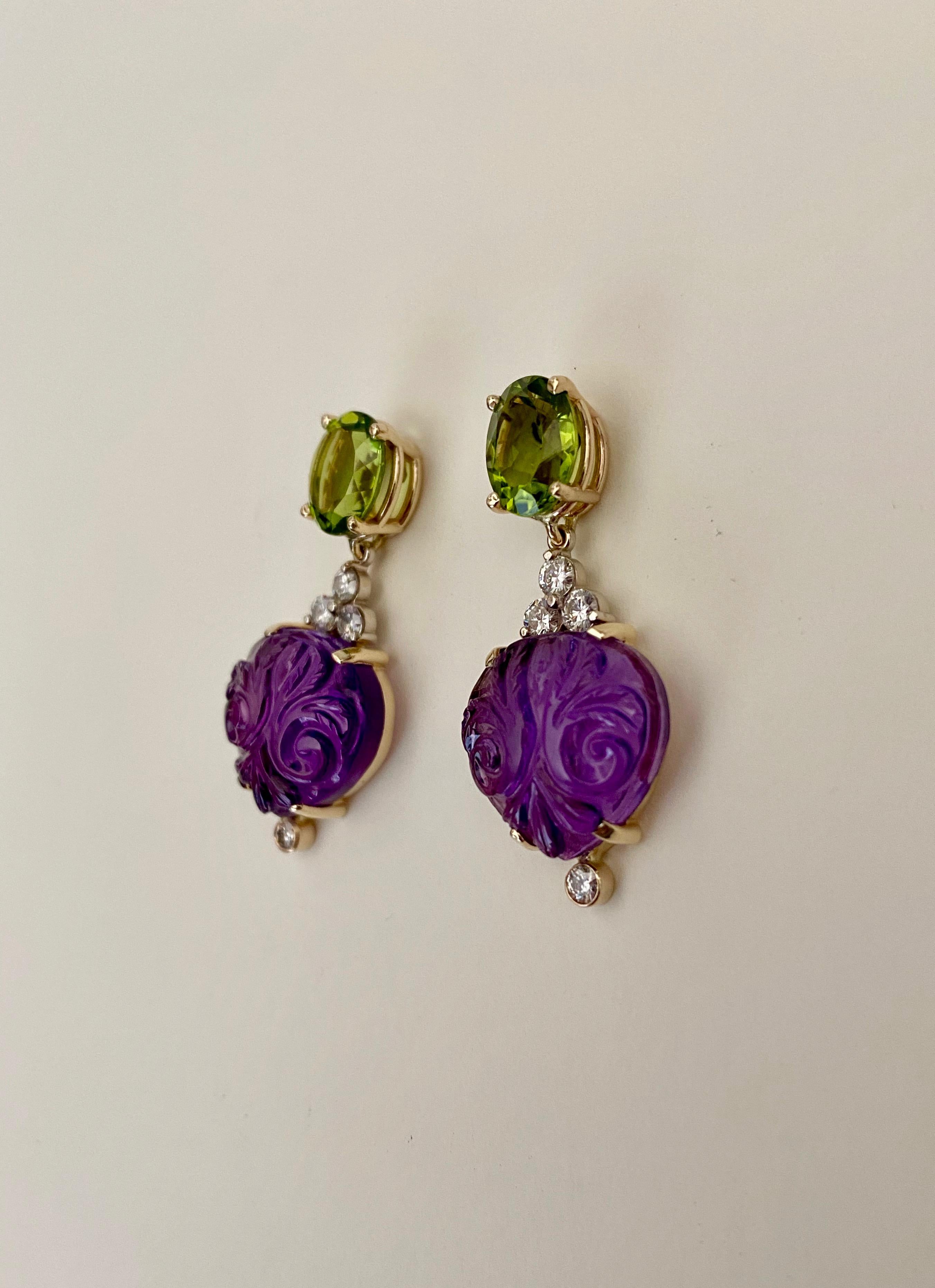 Contemporary Michael Kneebone Carved Amethyst Peridot Diamond Dangle Earrings For Sale