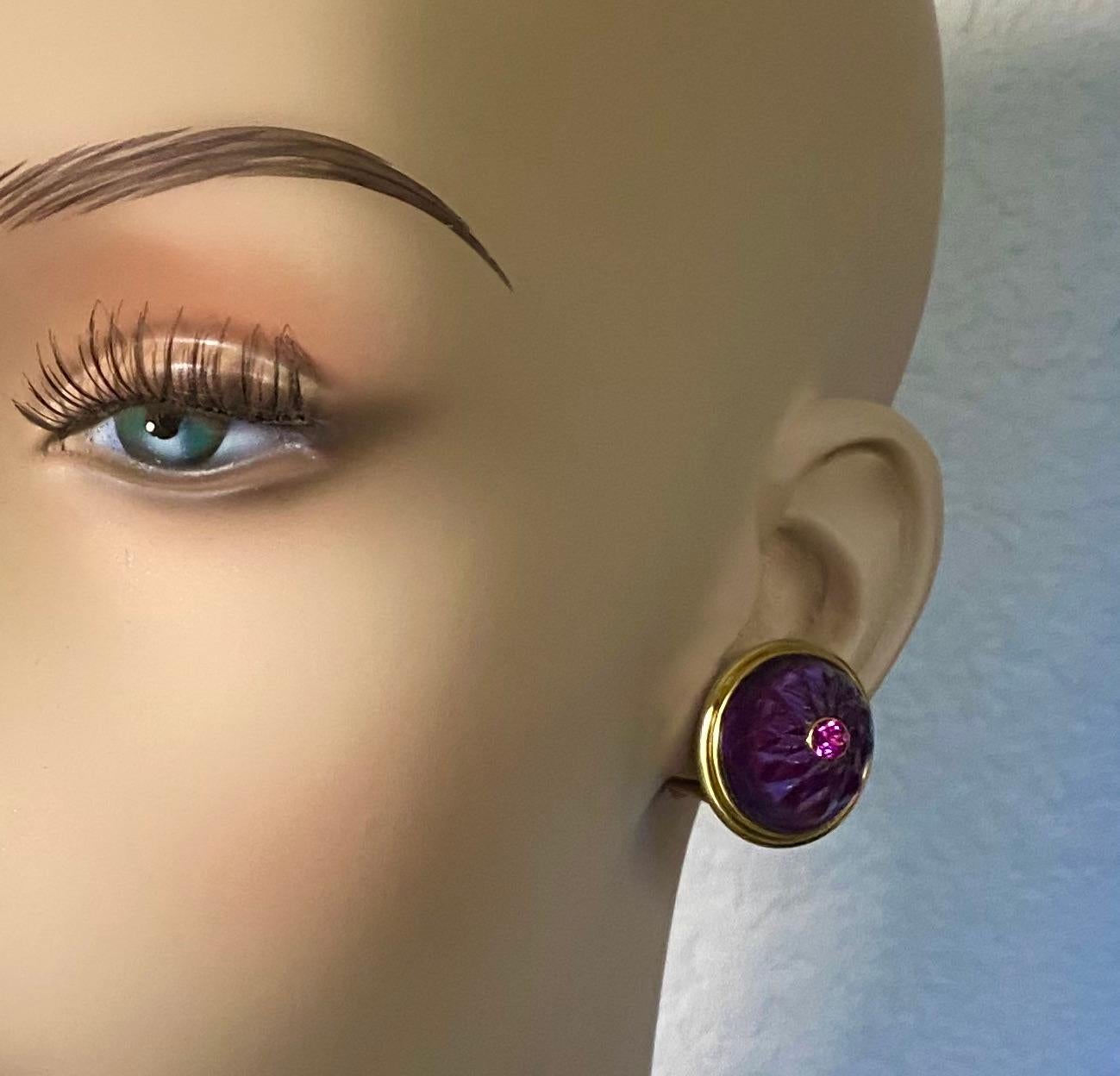 Michael Kneebone Carved Amethyst Rhodolite Garnet Button Earrings For Sale 5