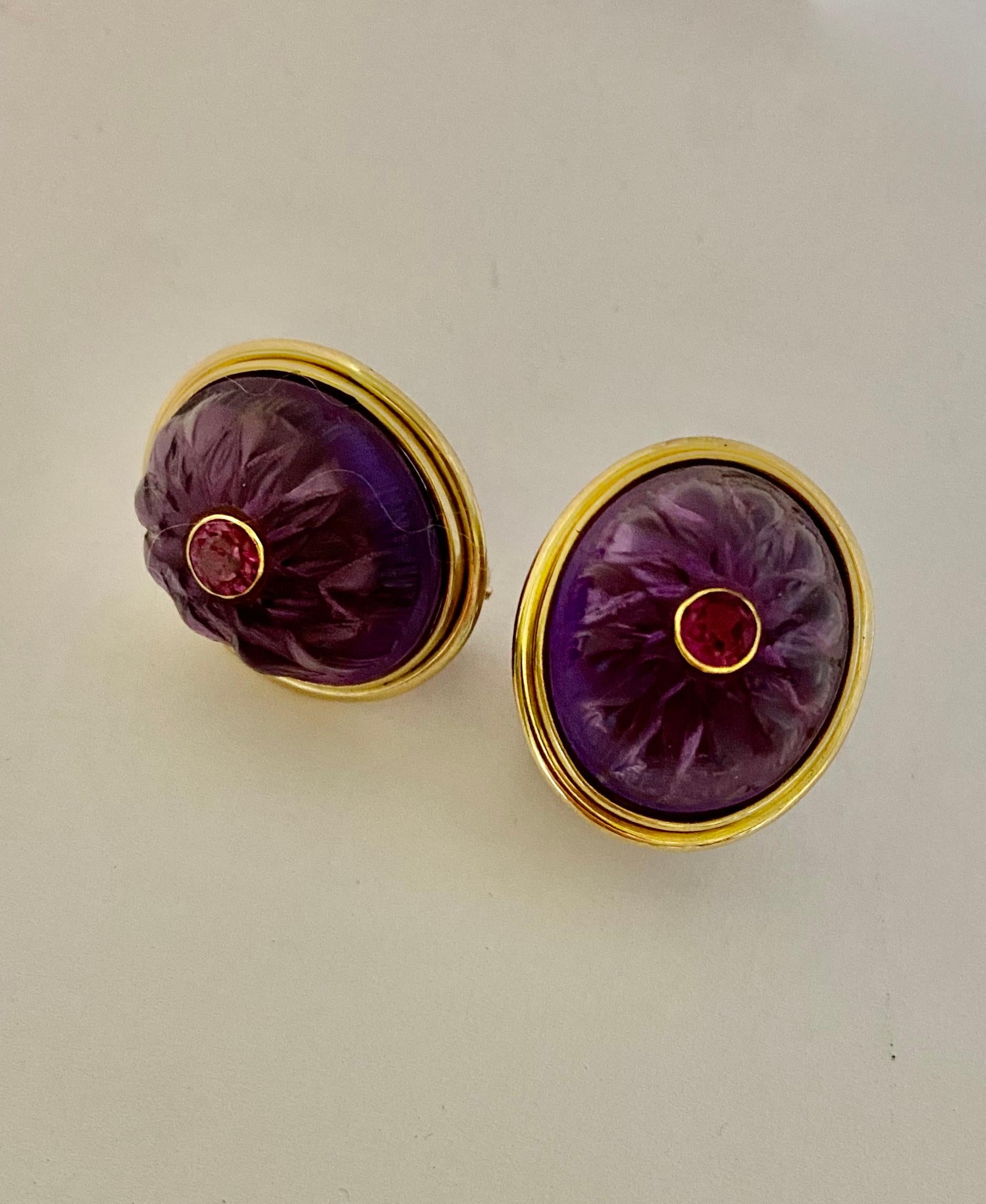 Michael Kneebone Carved Amethyst Rhodolite Garnet Button Earrings For Sale 6