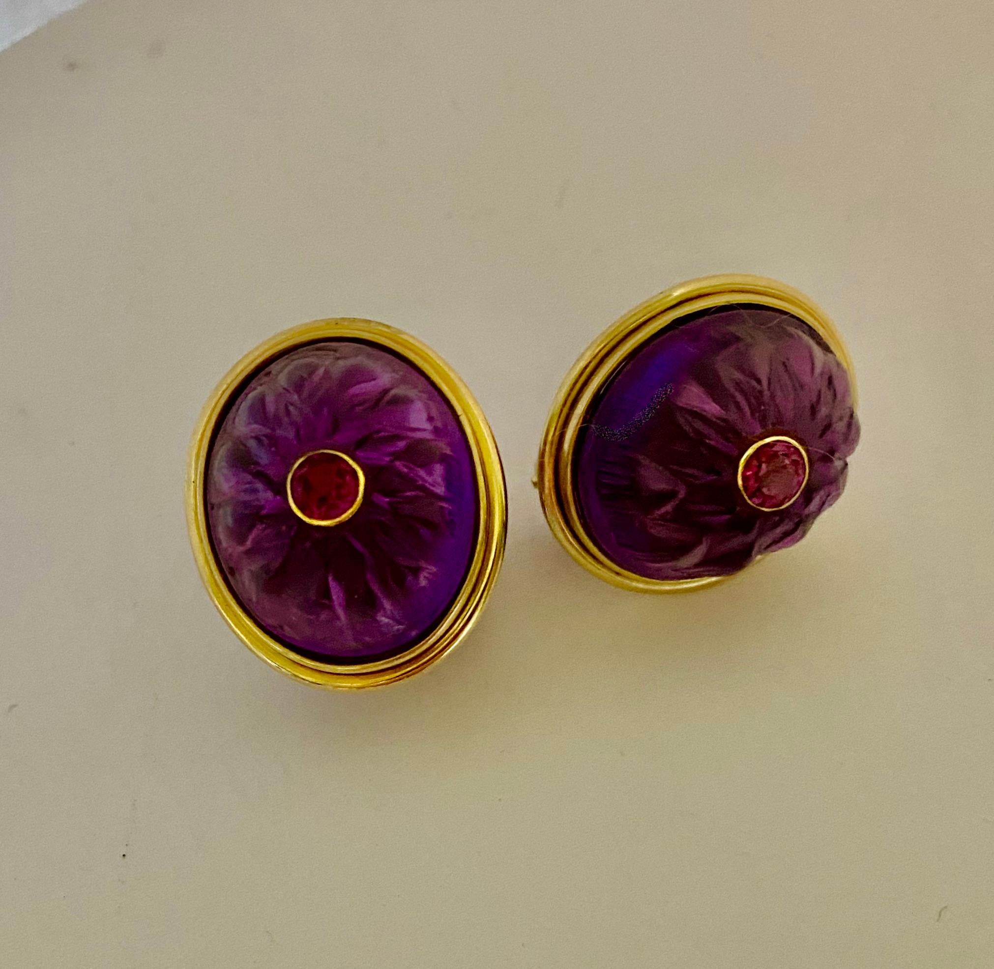 Michael Kneebone Carved Amethyst Rhodolite Garnet Button Earrings For Sale 7