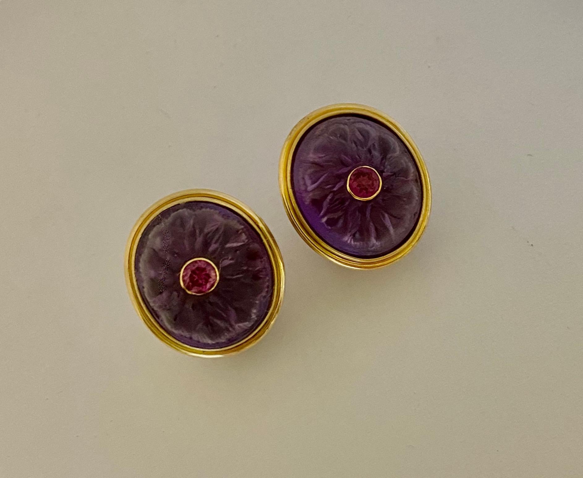 Mixed Cut Michael Kneebone Carved Amethyst Rhodolite Garnet Button Earrings For Sale