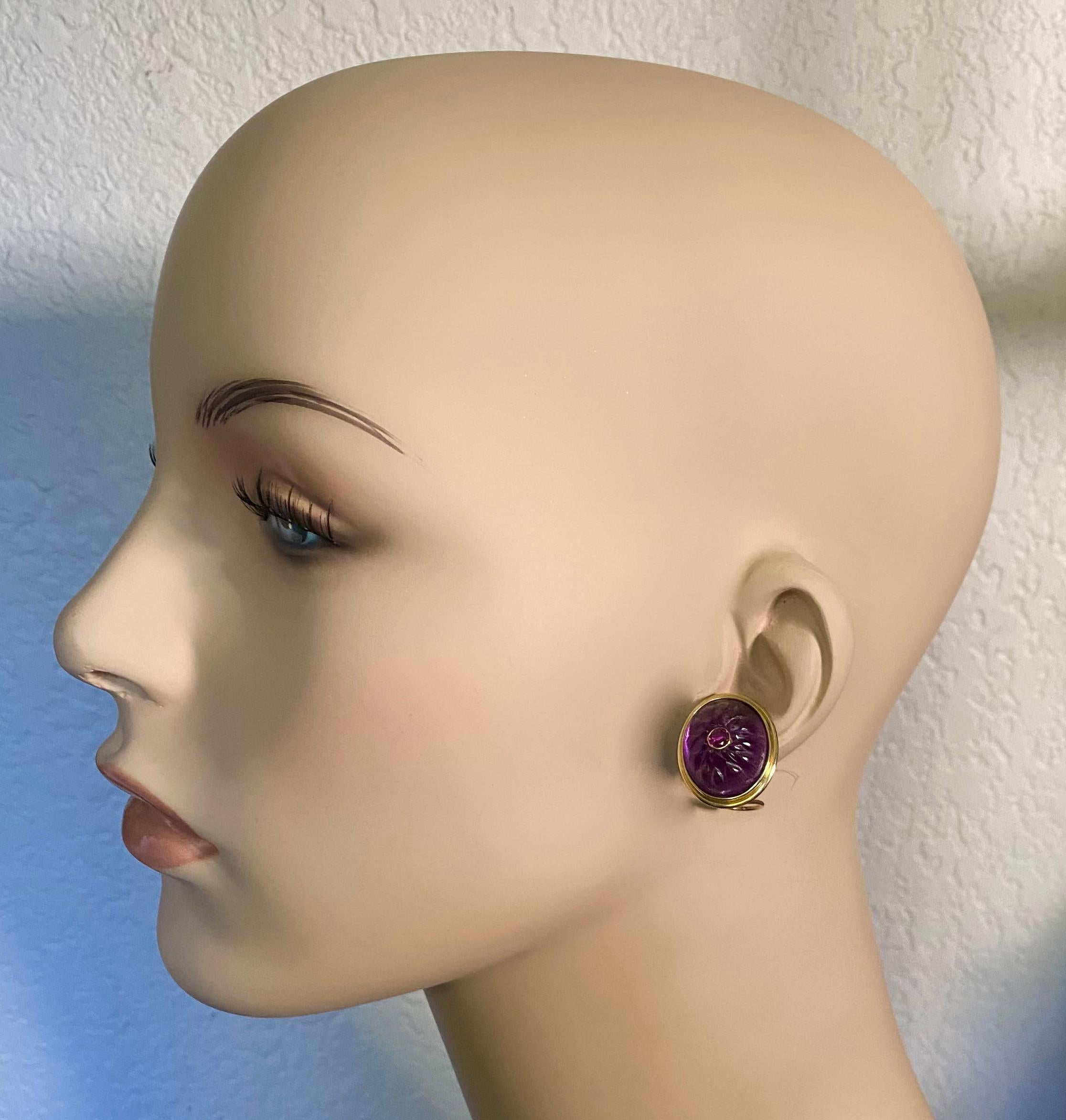 Michael Kneebone Carved Amethyst Rhodolite Garnet Button Earrings For Sale 3