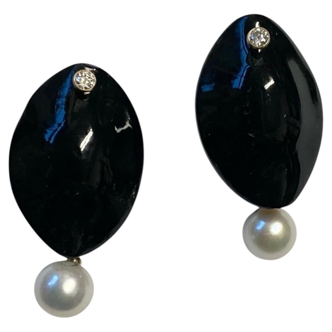 Michael Kneebone Carved Black Jade Diamond Pearl Drop Earrings