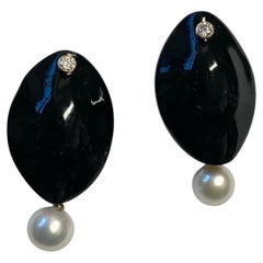 Michael Kneebone Carved Black Jade Diamond Pearl Drop Earrings