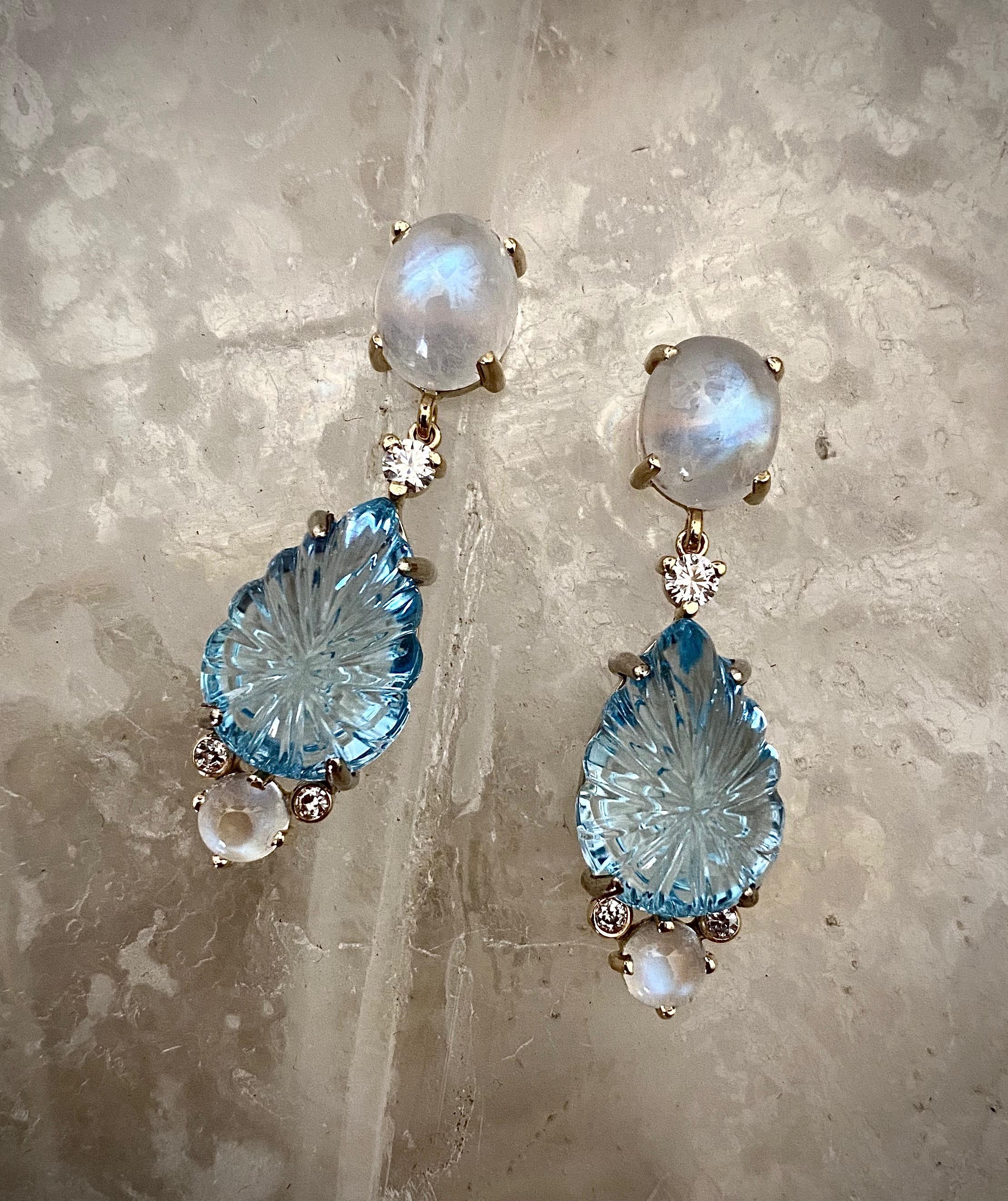 Contemporary Michael Kneebone Carved Blue Topaz Moonstone Diamond Dangle Earrings