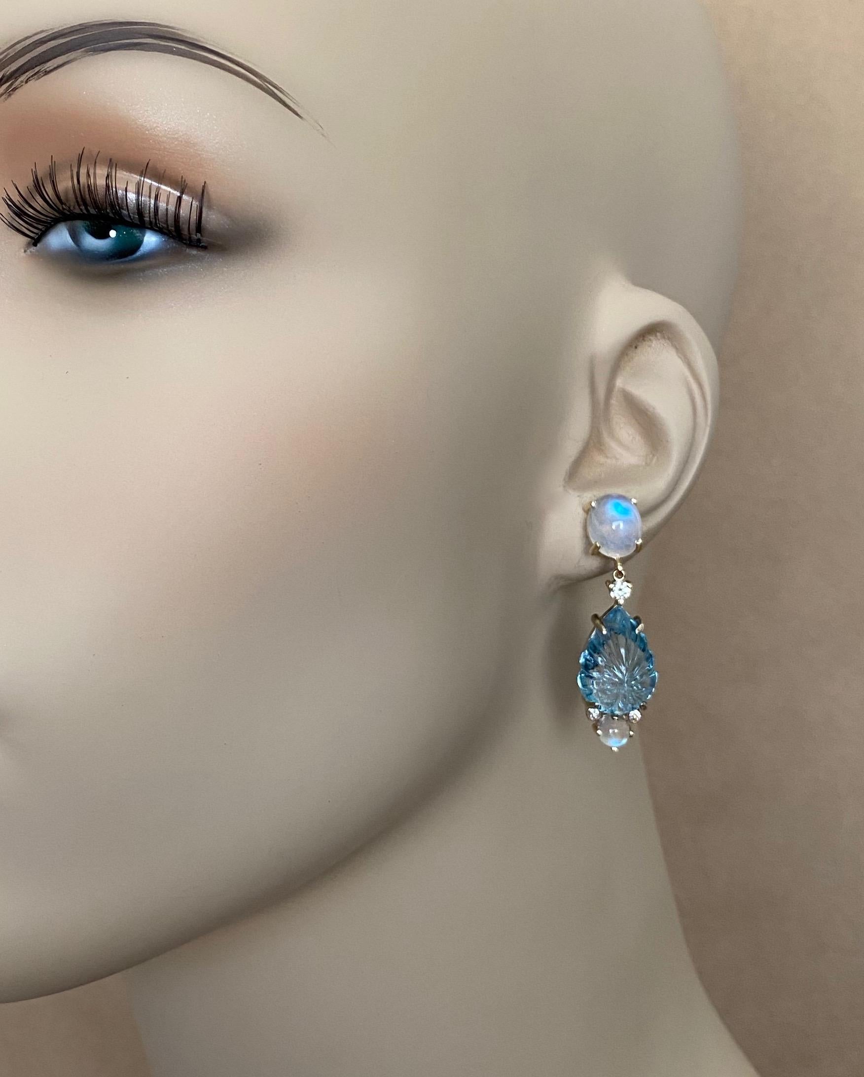 Mixed Cut Michael Kneebone Carved Blue Topaz Moonstone Diamond Dangle Earrings