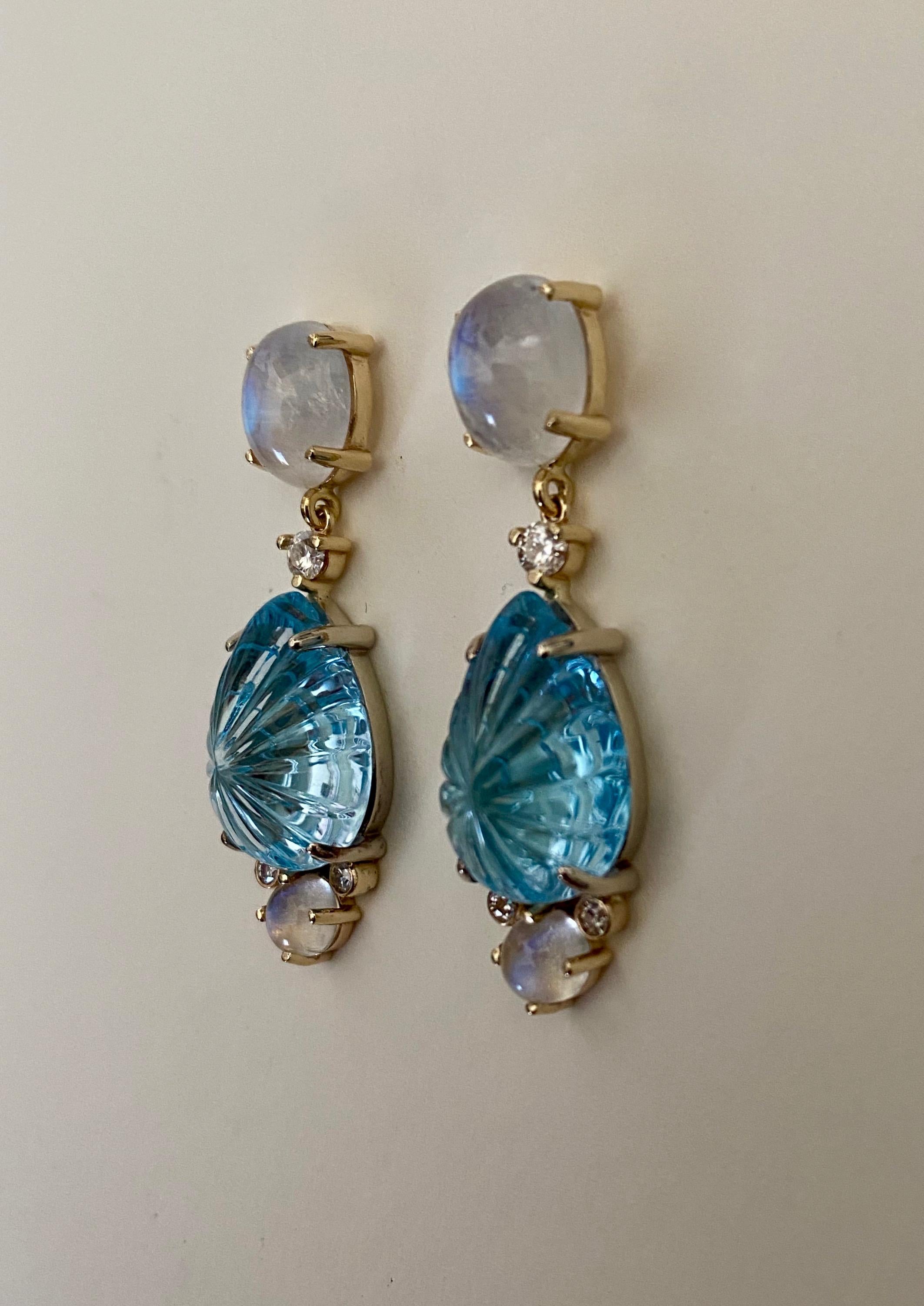 Michael Kneebone Carved Blue Topaz Moonstone Diamond Dangle Earrings In New Condition In Austin, TX