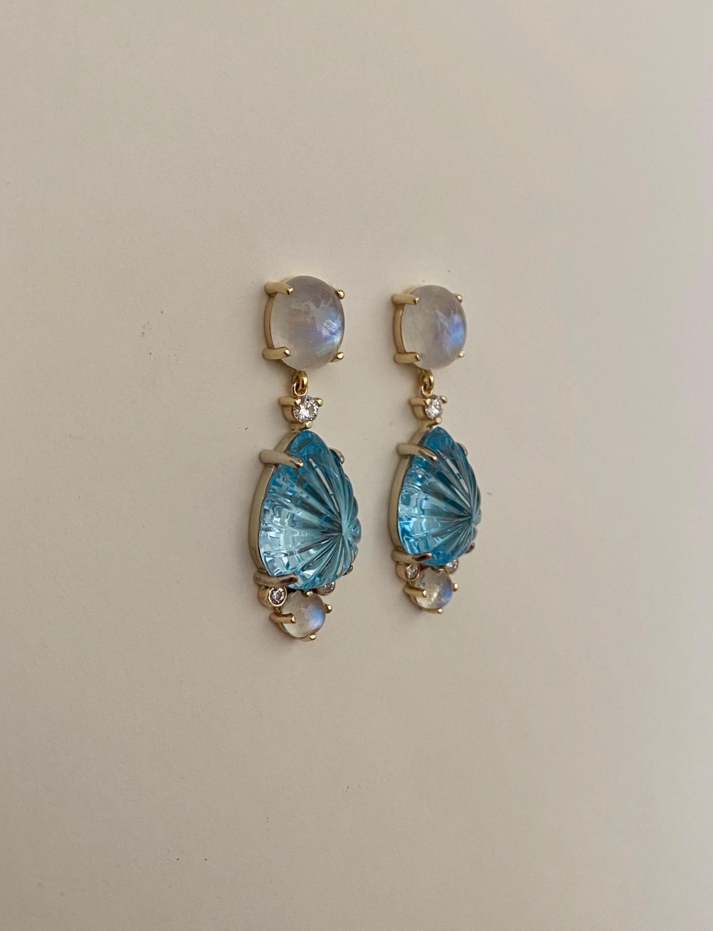 Michael Kneebone Carved Blue Topaz Moonstone Diamond Dangle Earrings 1