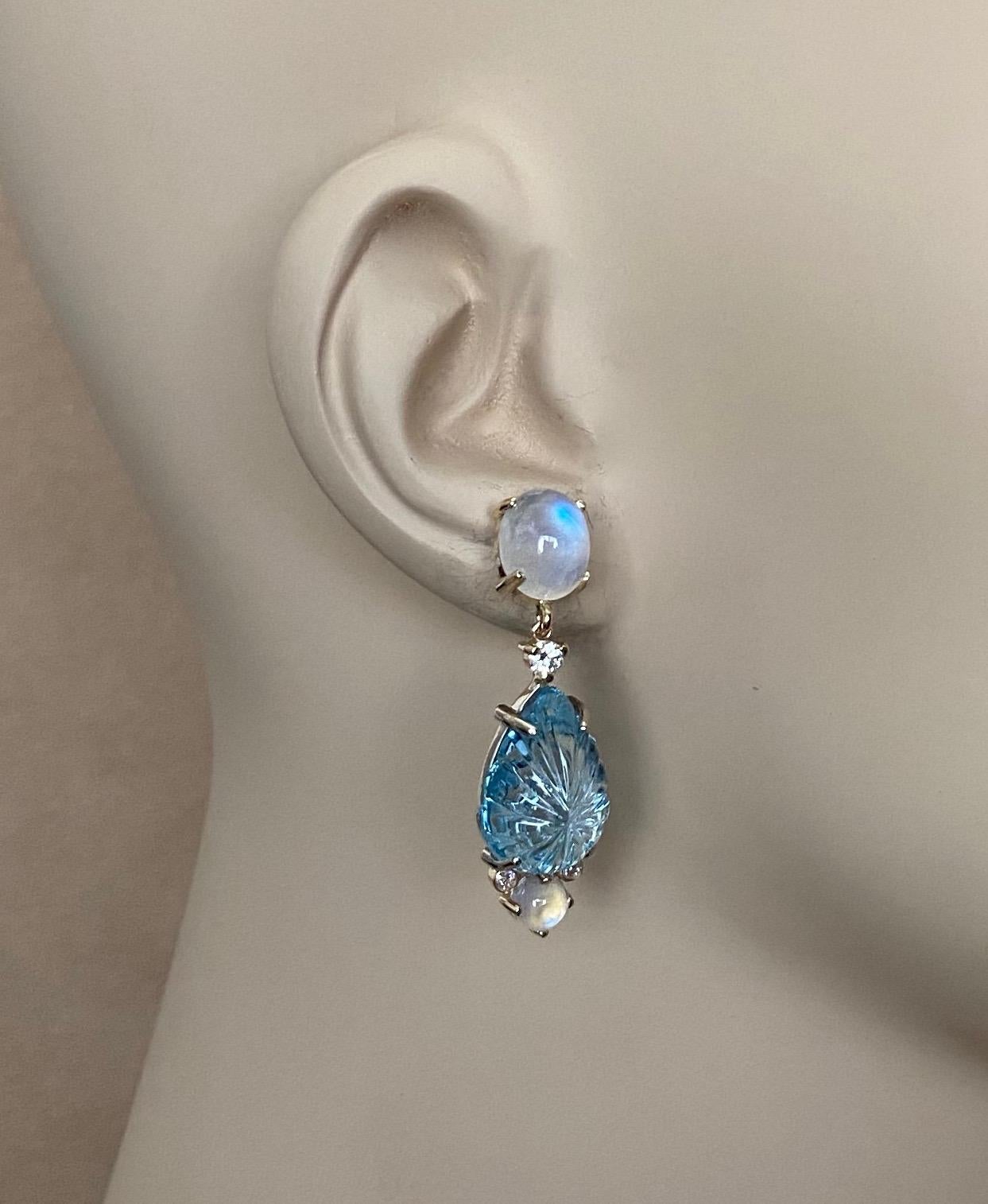 Michael Kneebone Carved Blue Topaz Moonstone Diamond Dangle Earrings 2