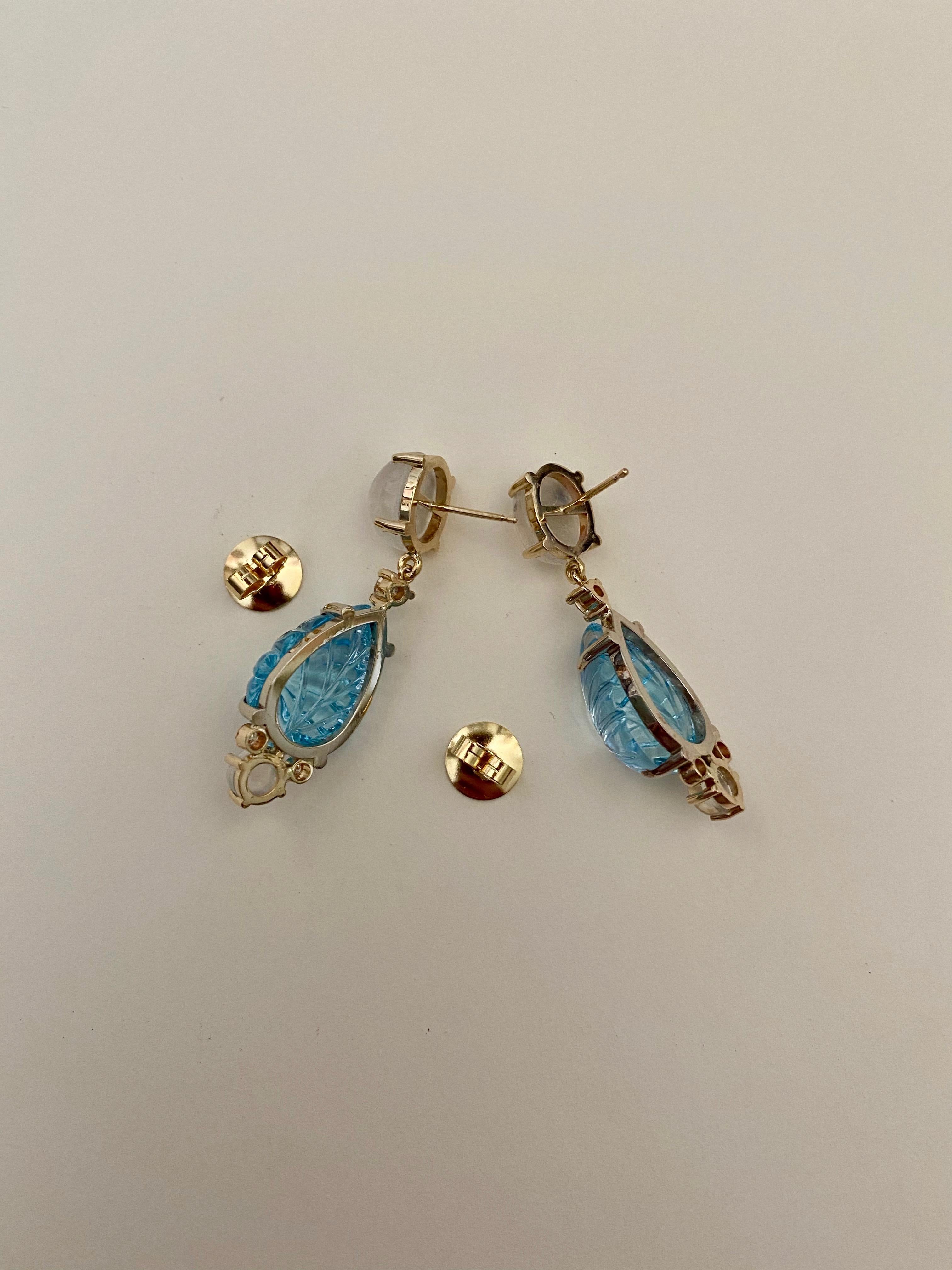 Michael Kneebone Carved Blue Topaz Moonstone Diamond Dangle Earrings 3