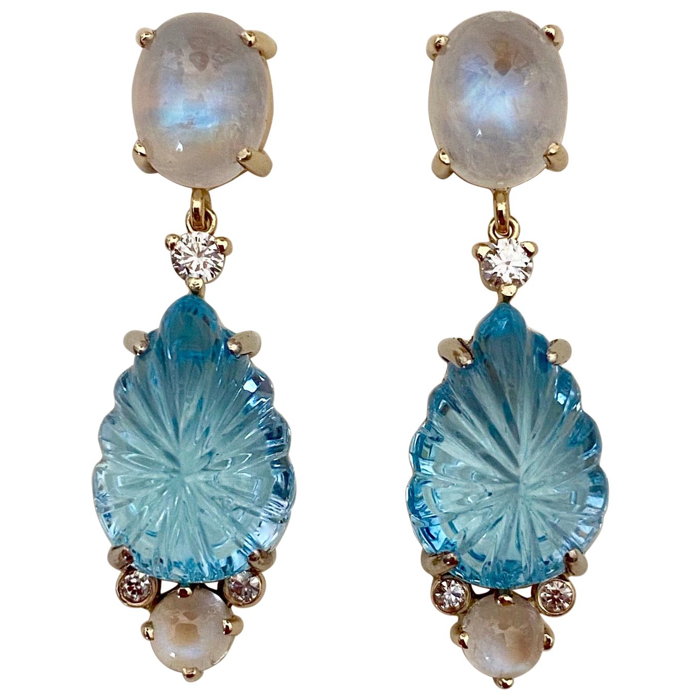 Michael Kneebone Carved Blue Topaz Moonstone Diamond Dangle Earrings