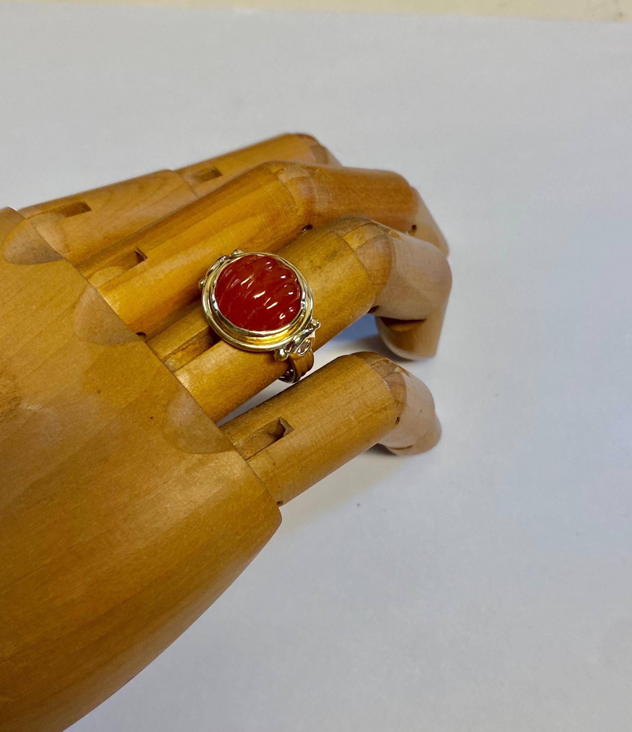 Michael Kneebone Carved Carnelian Diamond Archaic Style Ring For Sale 4