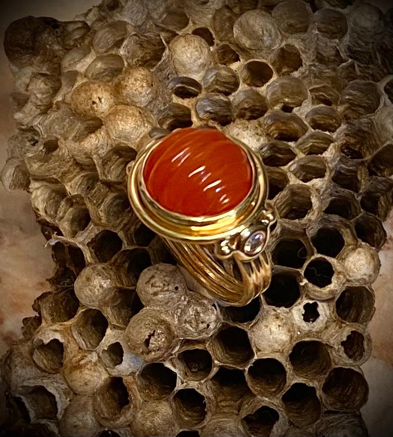 Contemporary Michael Kneebone Carved Carnelian Diamond Archaic Style Ring For Sale
