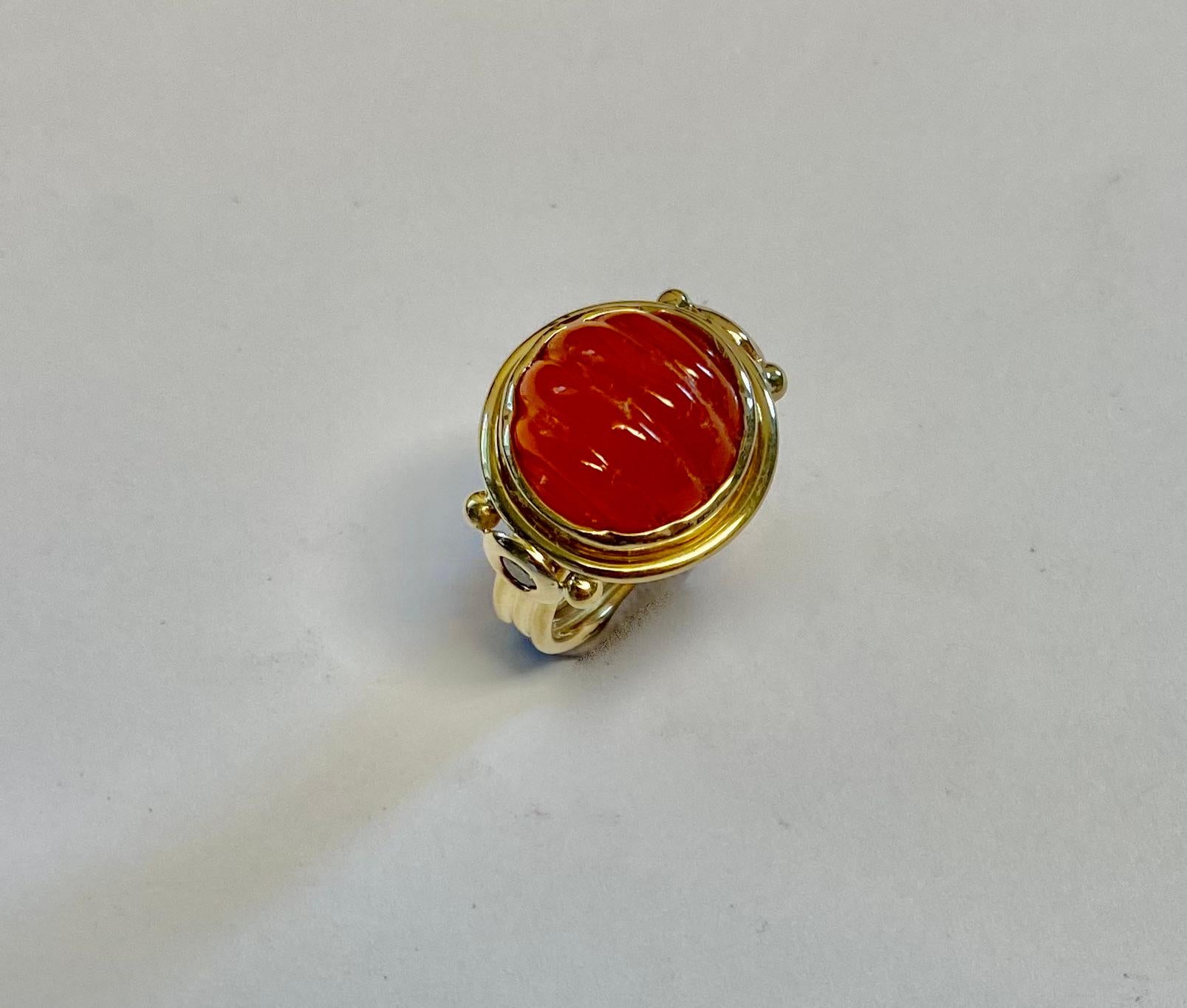 Round Cut Michael Kneebone Carved Carnelian Diamond Archaic Style Ring For Sale