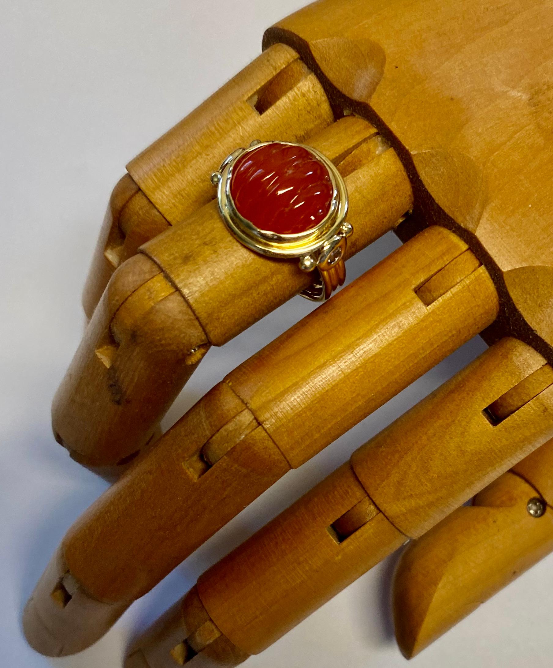 Michael Kneebone Carved Carnelian Diamond Archaic Style Ring In New Condition For Sale In Austin, TX