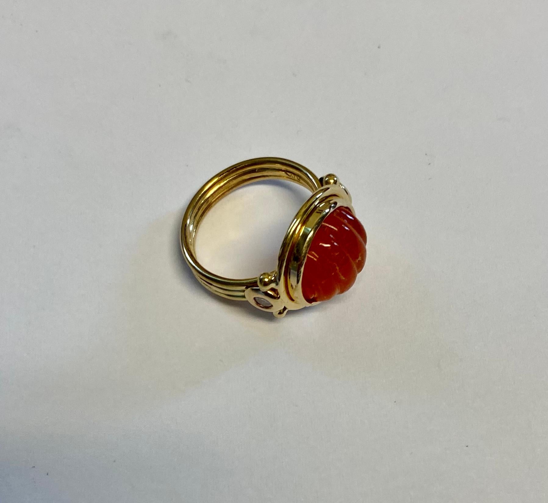 Women's or Men's Michael Kneebone Carved Carnelian Diamond Archaic Style Ring For Sale