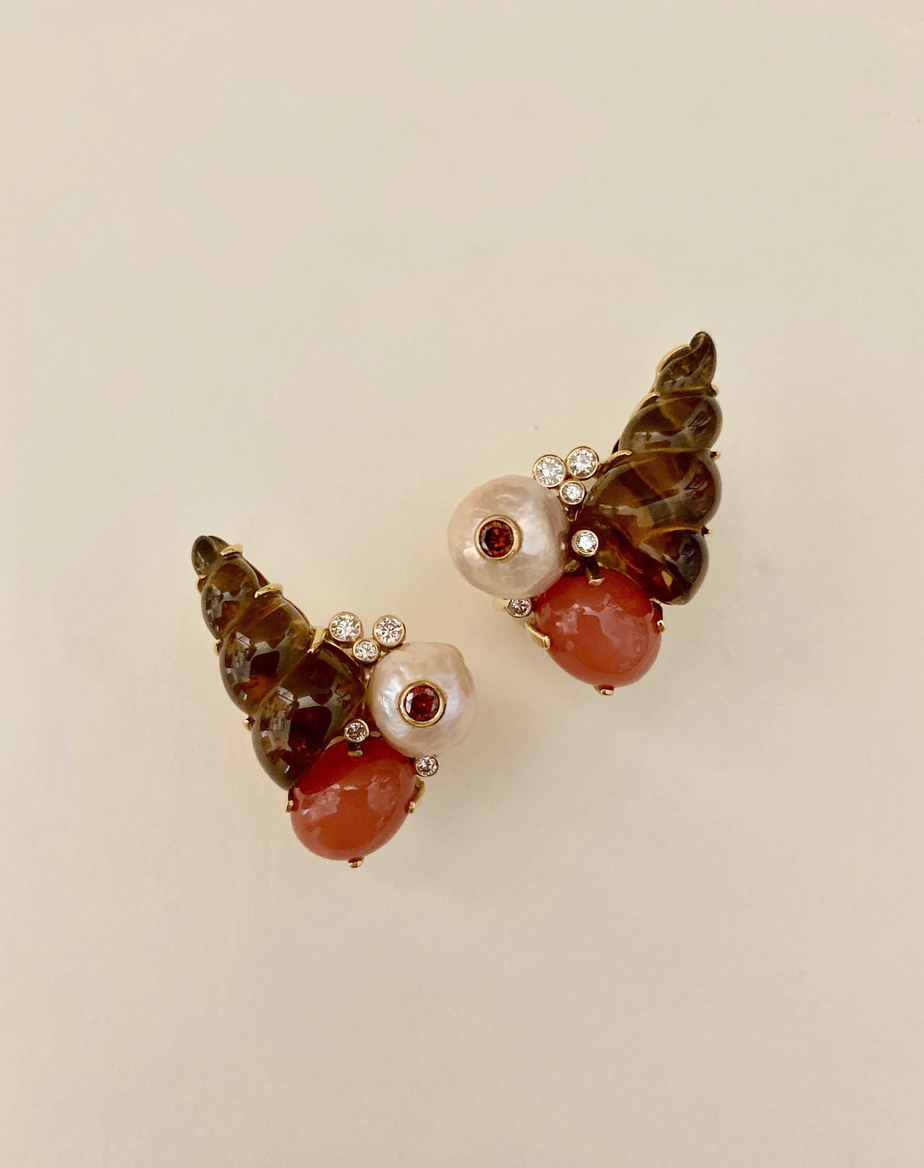 Contemporary Michael Kneebone Carved Citrine Orange Moonstone Diamond Cluster Earrings For Sale
