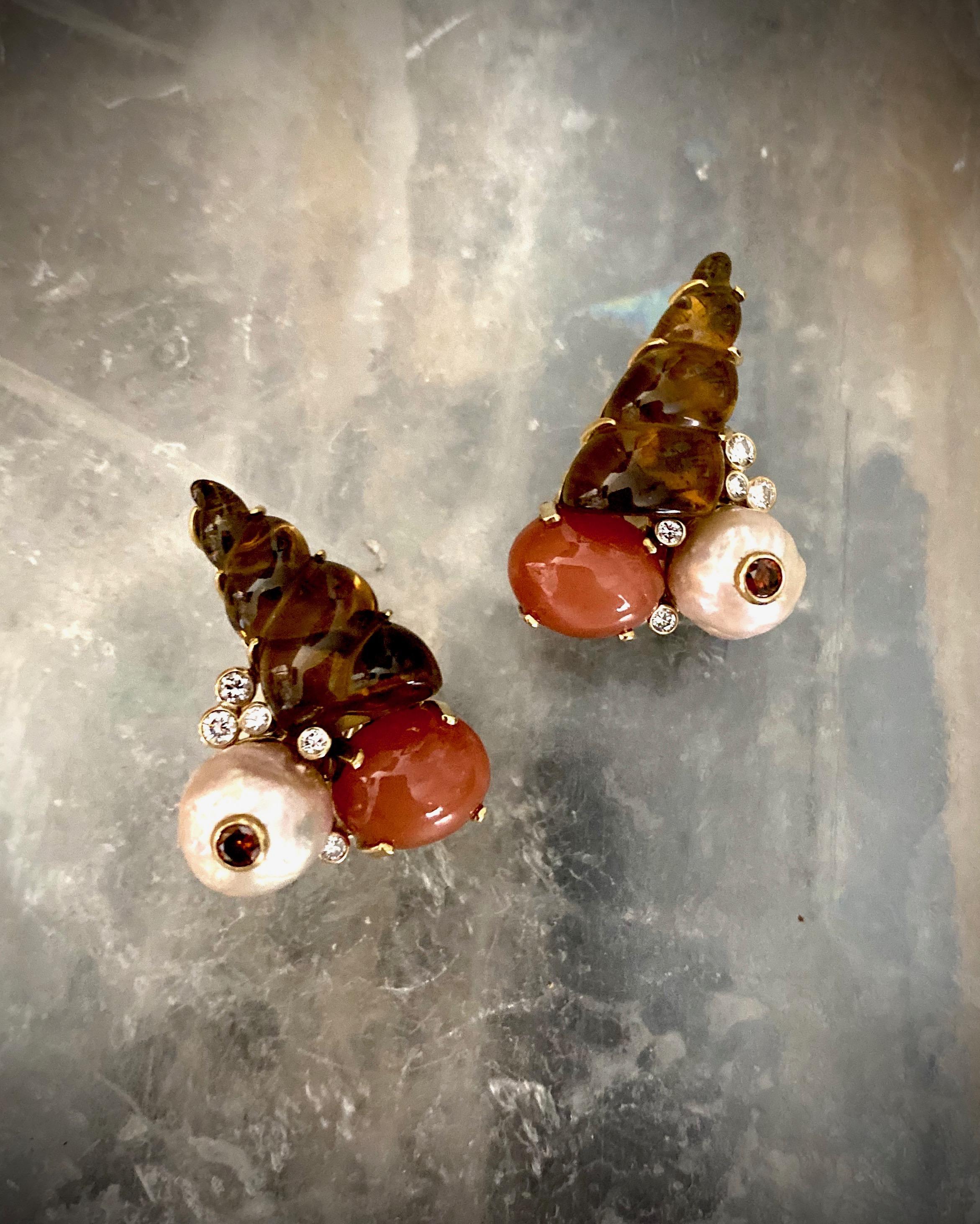 Women's Michael Kneebone Carved Citrine Orange Moonstone Diamond Cluster Earrings For Sale