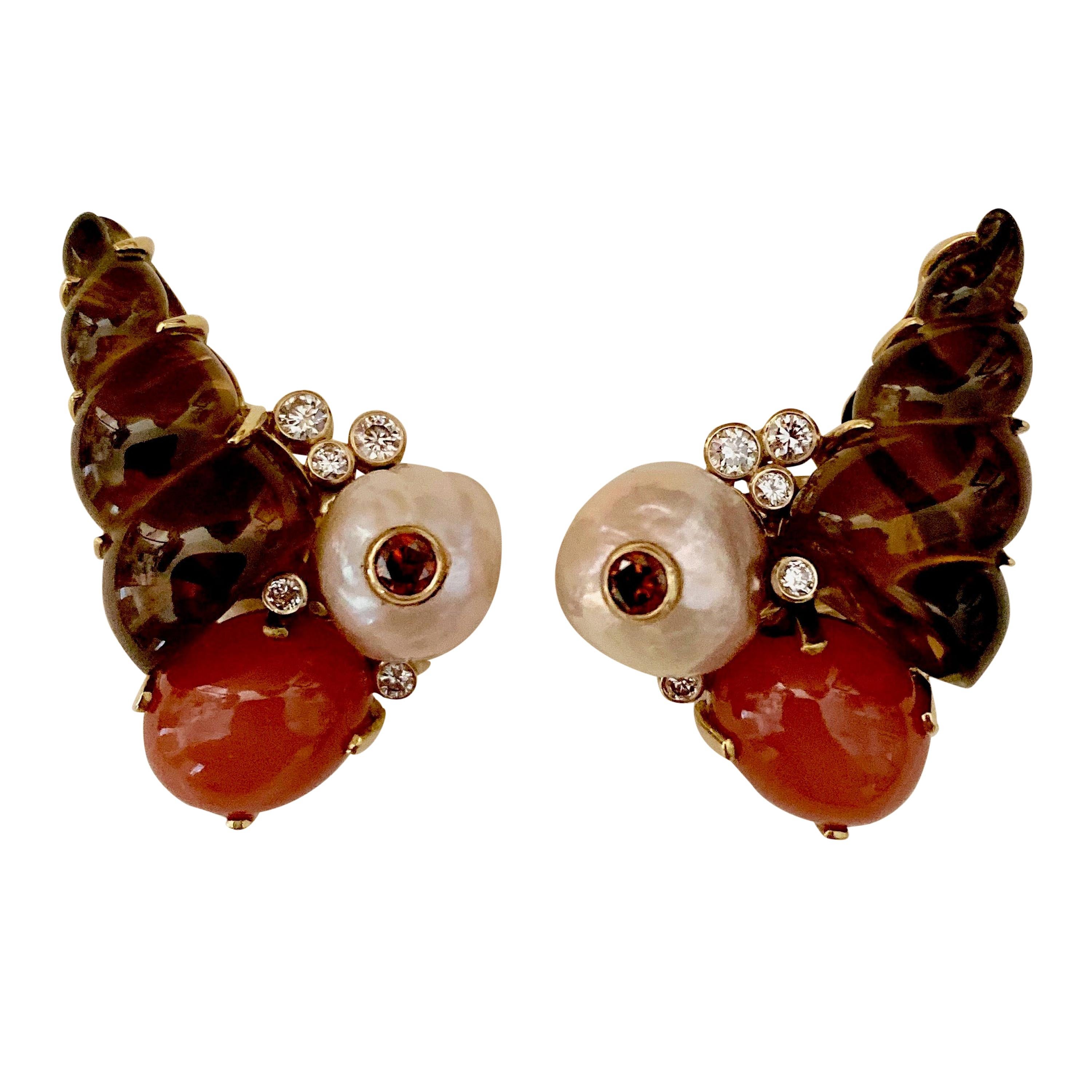 Michael Kneebone Cluster-Ohrringe mit geschnitztem Citrin, orangefarbenem Mondstein und Diamanten im Angebot
