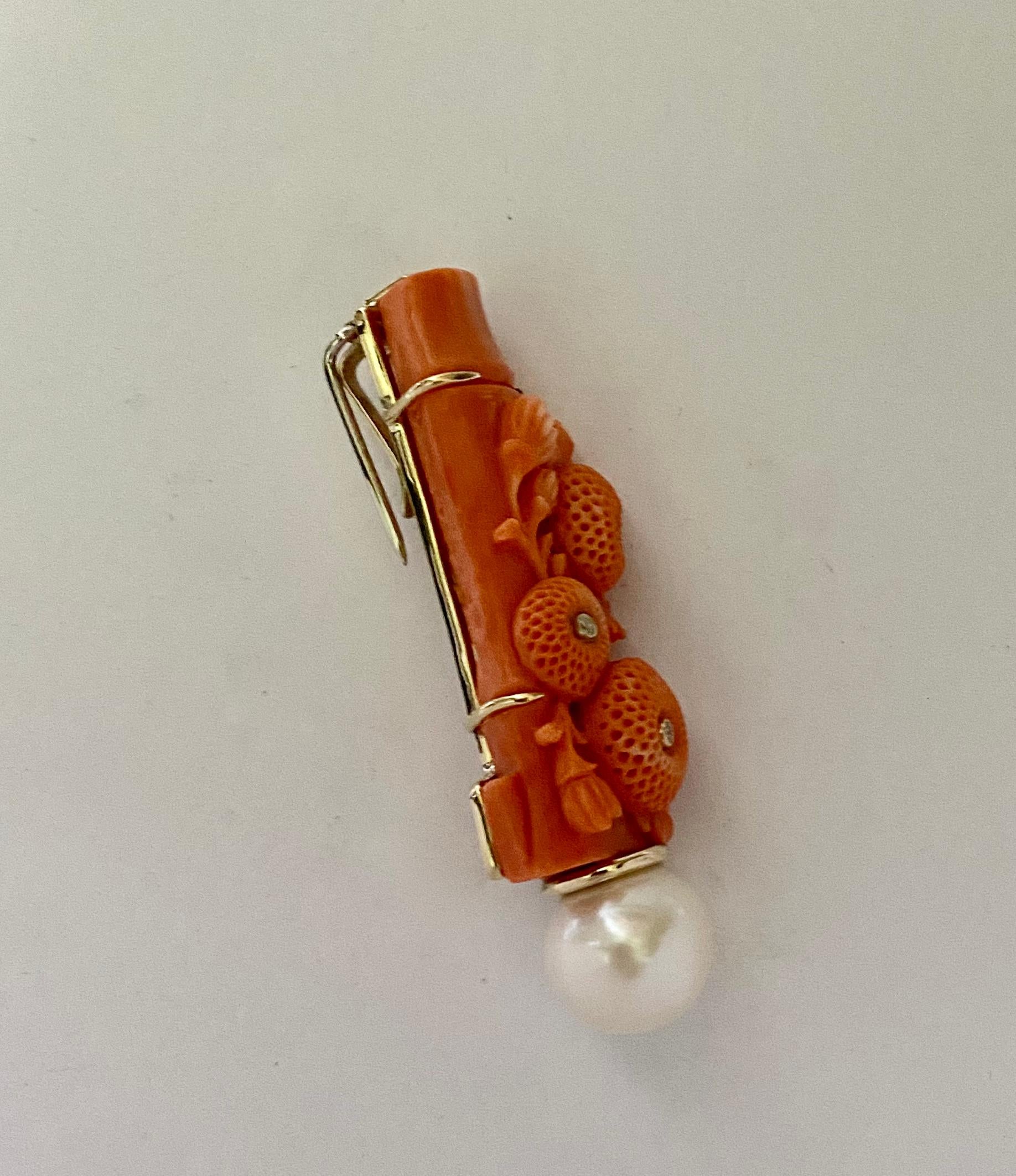 Michael Kneebone Carved Coral Diamond South Seas Pearl Earring Brooch Suite For Sale 4