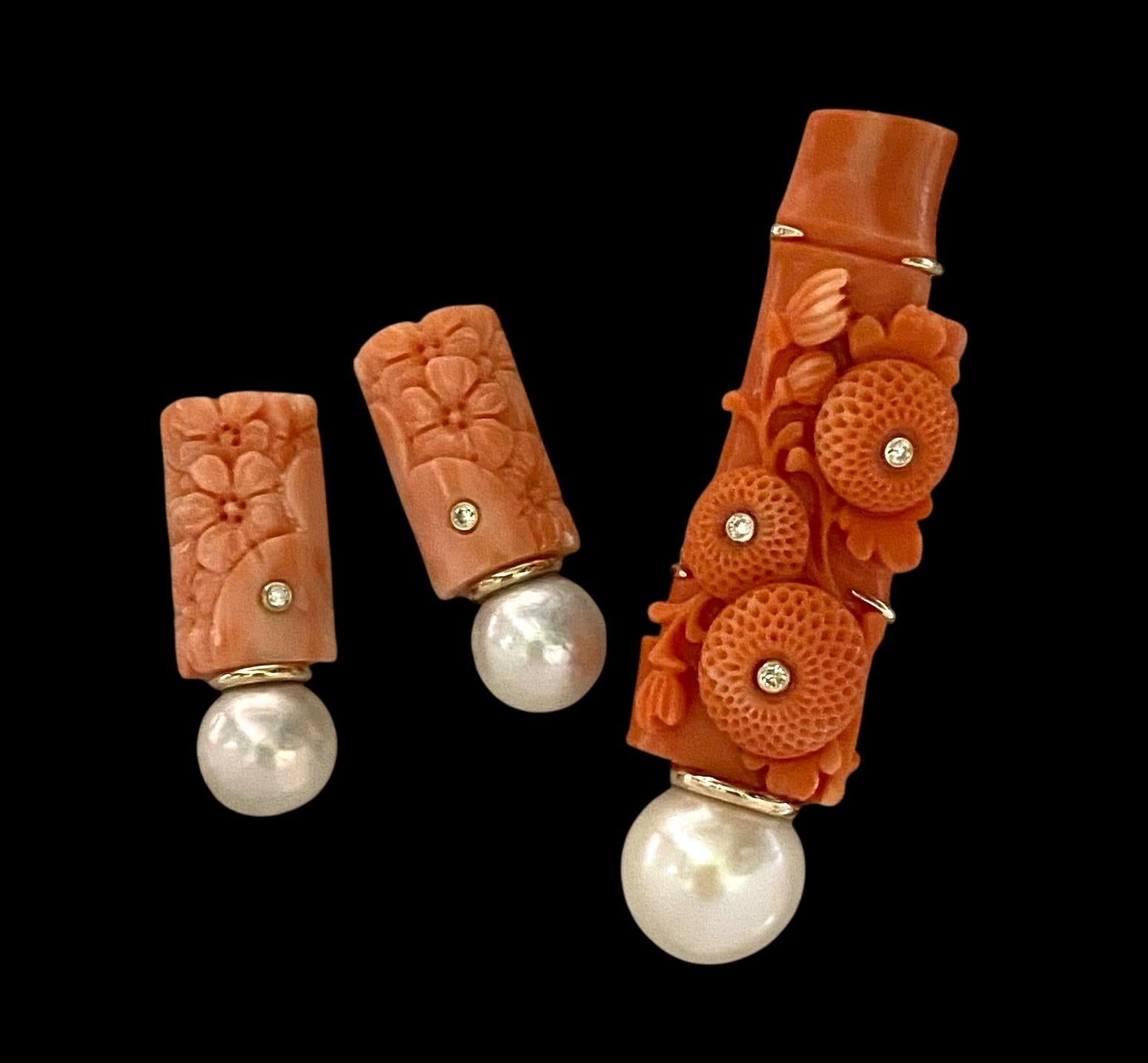 Michael Kneebone Carved Coral Diamond South Seas Pearl Earring Brooch Suite For Sale 7