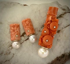 Michael Kneebone Carved Coral Diamond South Seas Pearl Earring Brooch Suite