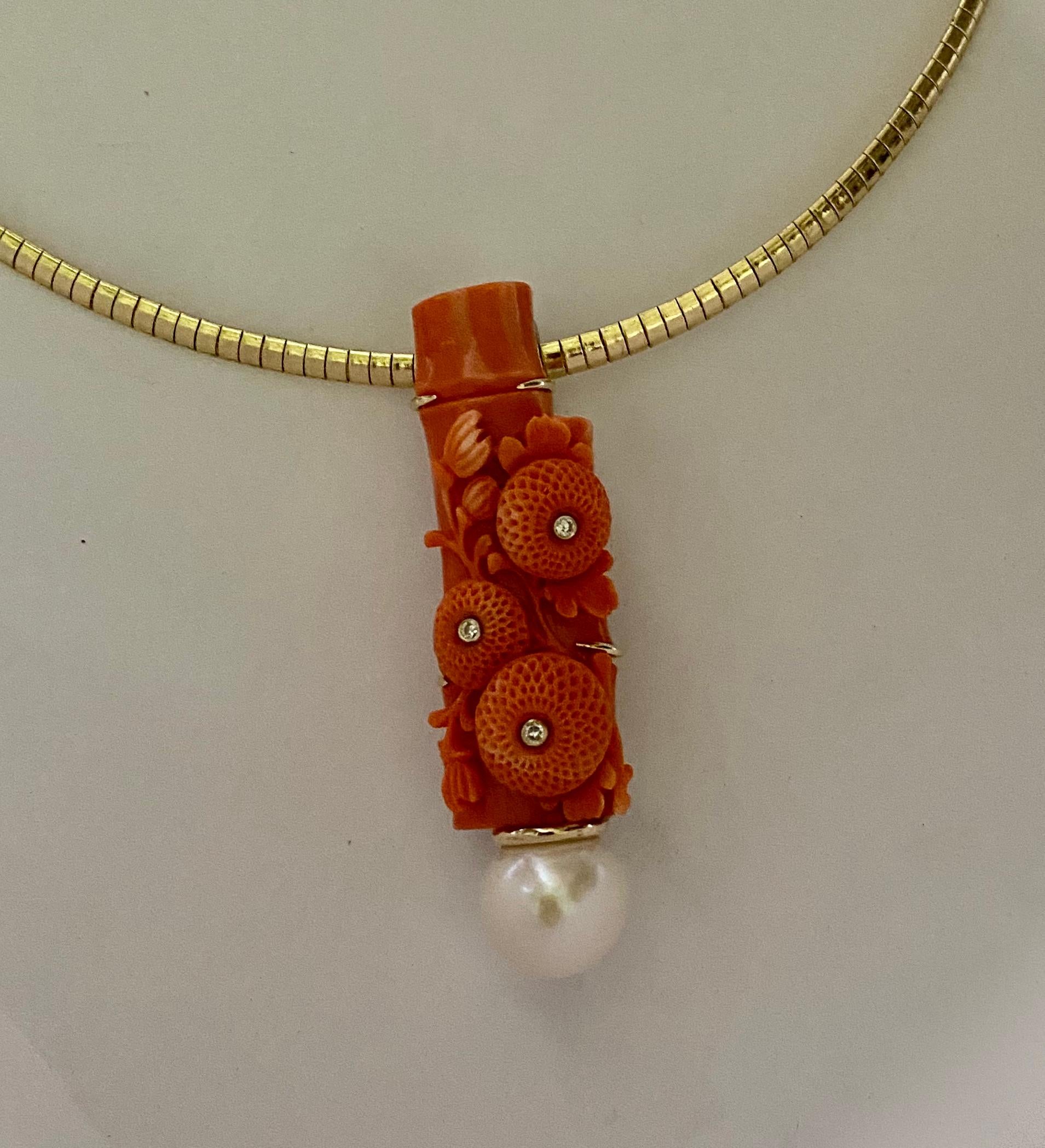 Mixed Cut Michael Kneebone Carved Coral Diamond South Seas Pearl Earring Brooch Suite For Sale