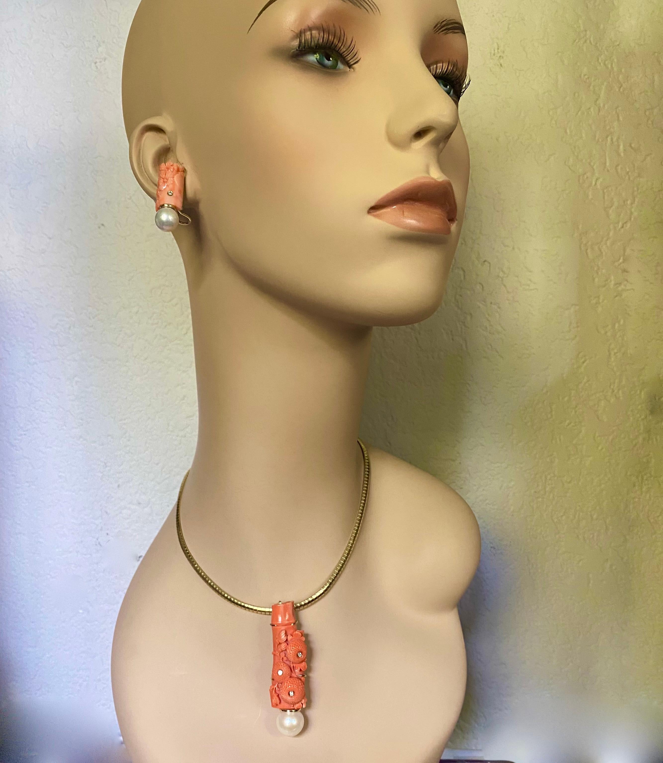 Michael Kneebone Carved Coral Diamond South Seas Pearl Earring Brooch Suite In New Condition For Sale In Austin, TX